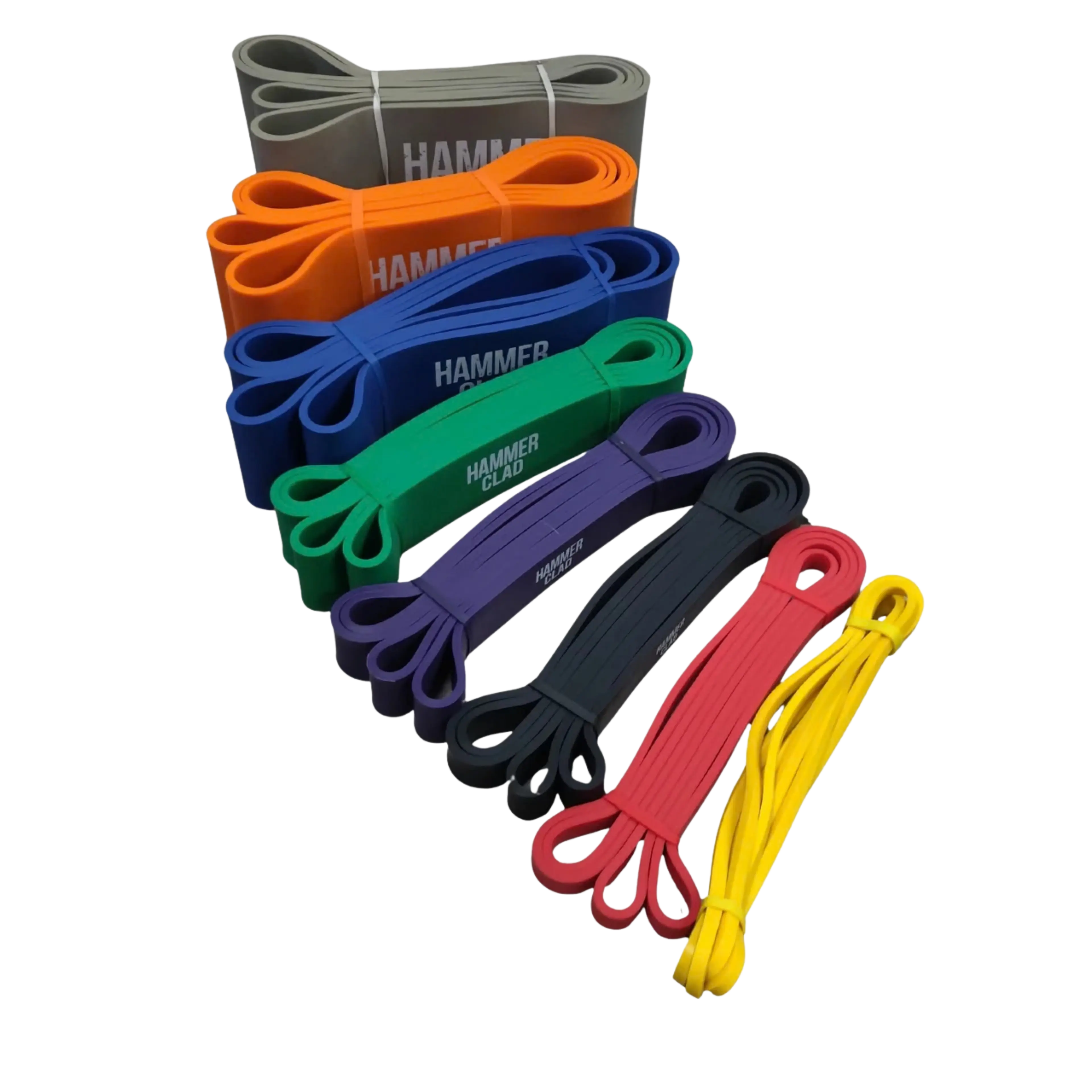 A set of colorful resistance bands of varying widths, some branded "Hammer Clad."