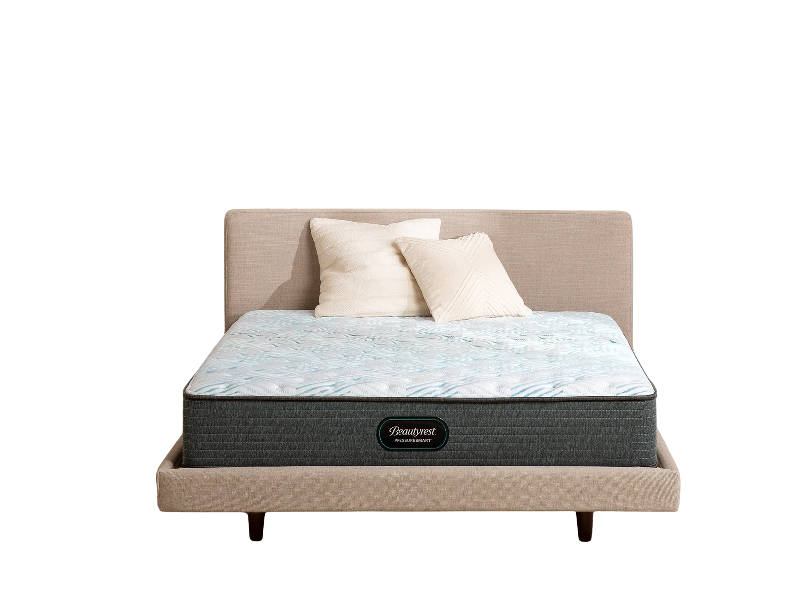 A light blue and dark grey Beautyrest mattress on a beige bed frame with two cream pillows.