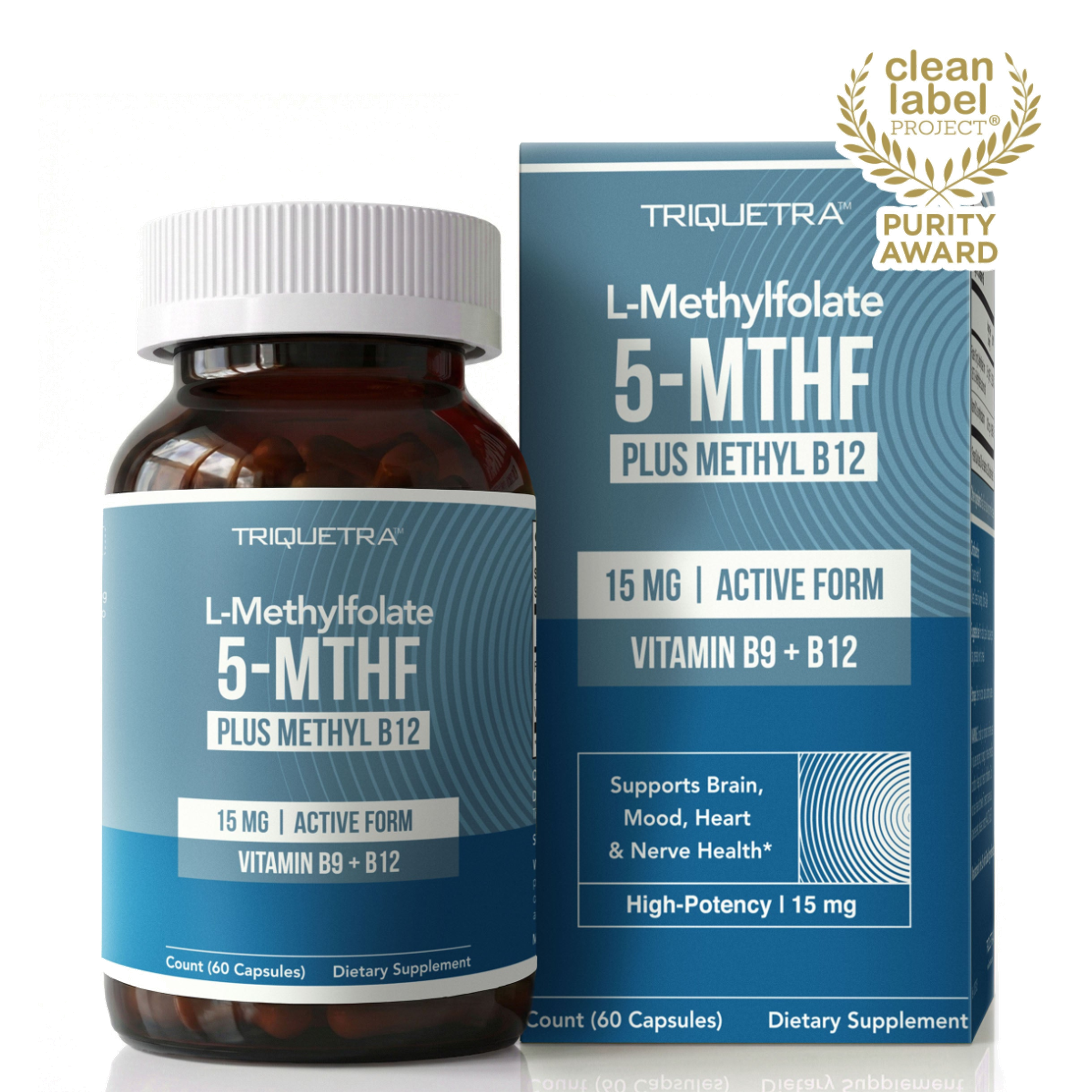 A bottle and box of Triquetra L-Methylfolate 5-MTHF Plus Methyl B12 15mg dietary supplement, with a Purity Award seal.