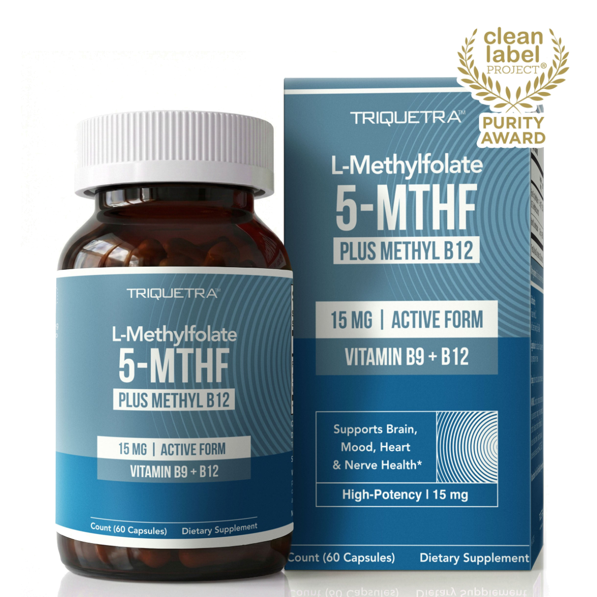 A bottle and box of Triquetra L-Methylfolate 5-MTHF Plus Methyl B12 15mg dietary supplement, with a Purity Award seal.