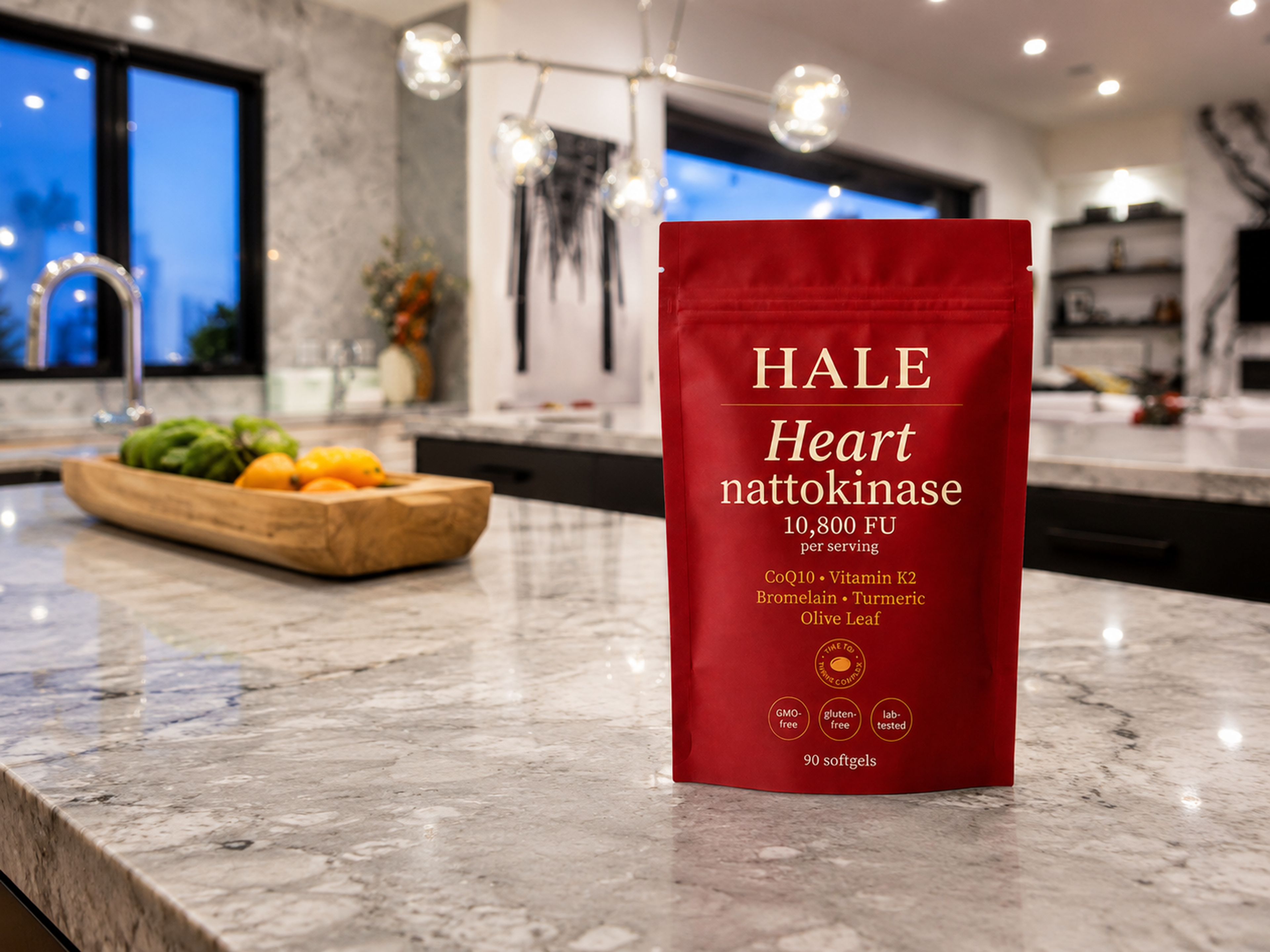 A red pouch of HALE Heart Nattokinase dietary supplements sits on a speckled kitchen counter.