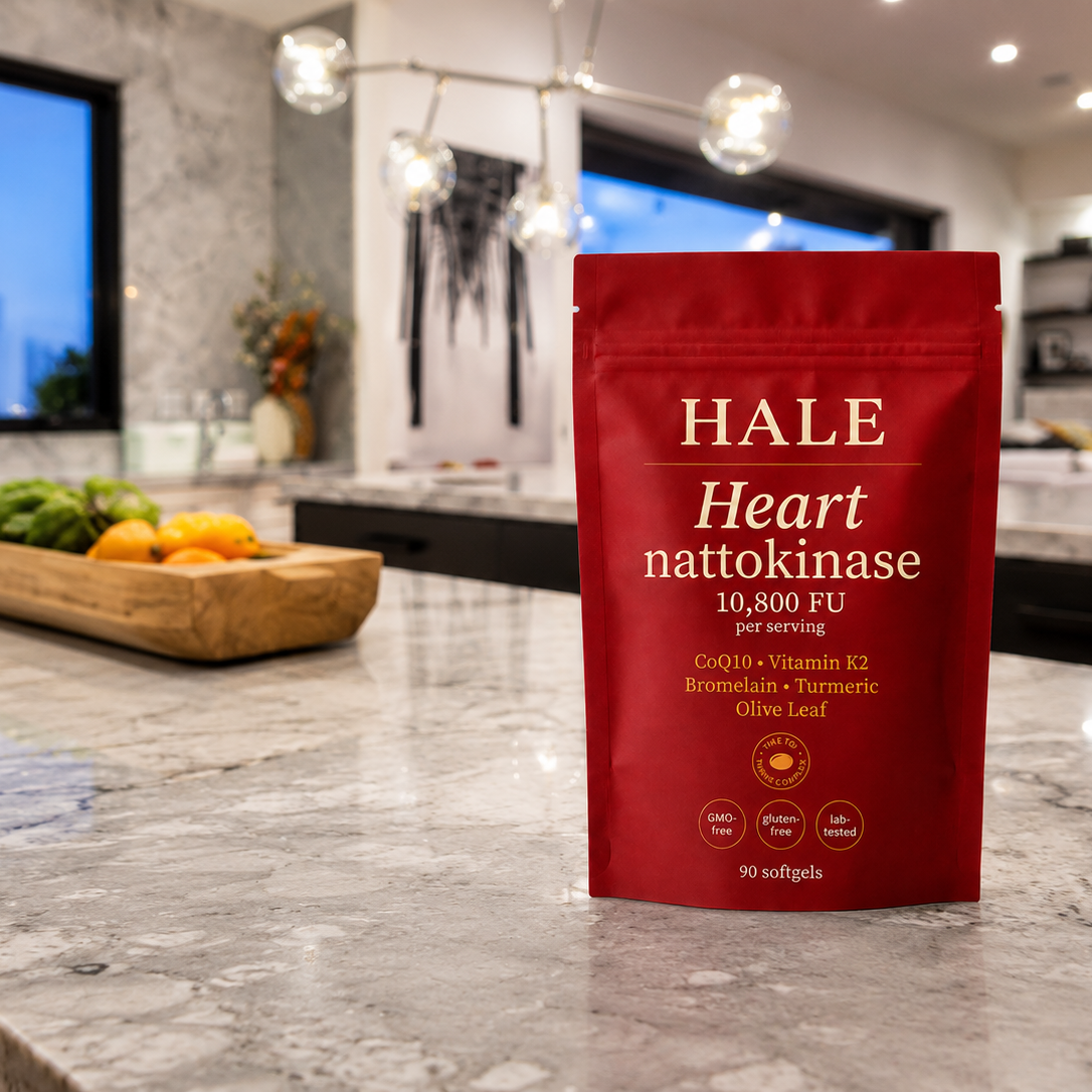 A red pouch of HALE Heart Nattokinase dietary supplements sits on a speckled kitchen counter.
