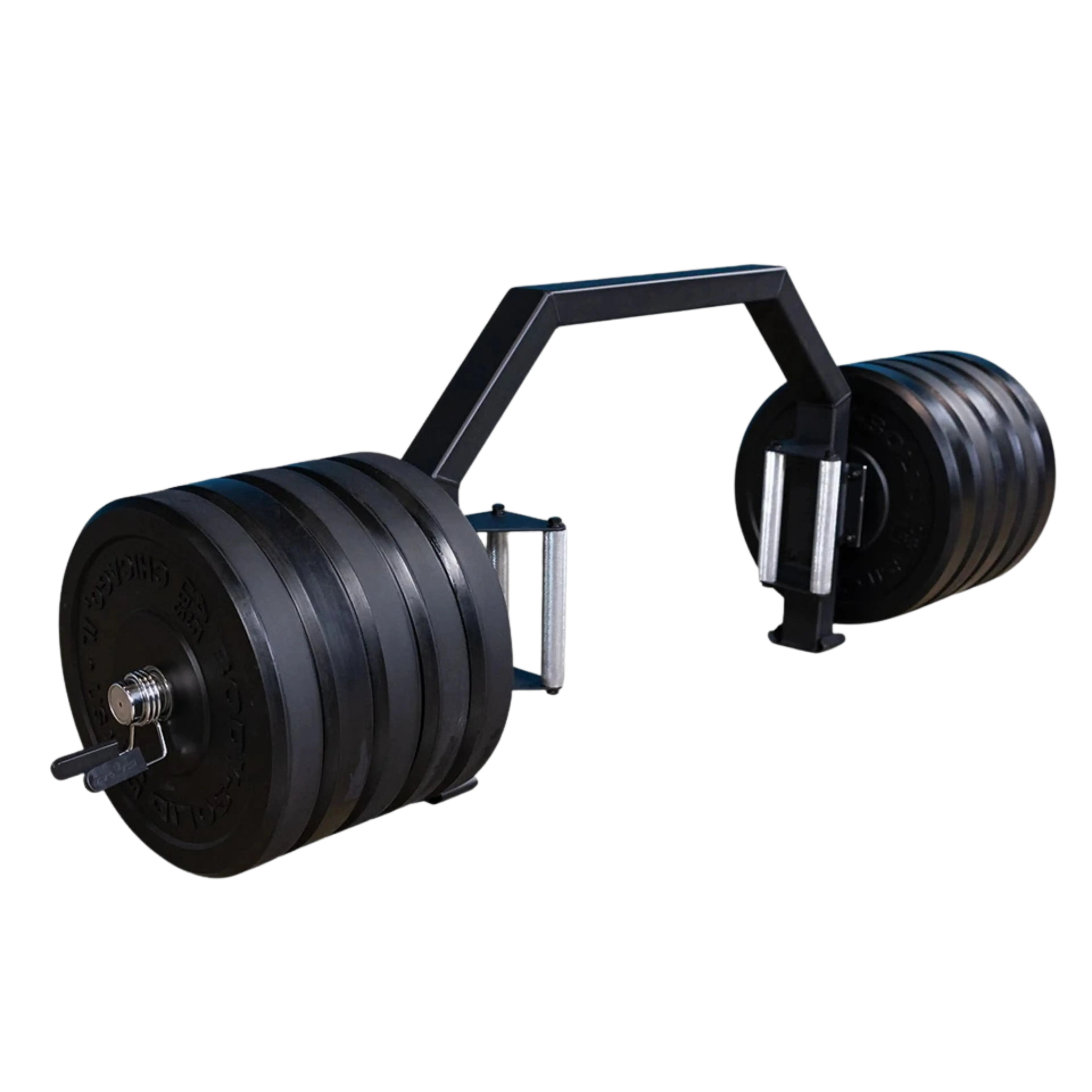 A black hex bar heavily loaded with black weight plates.