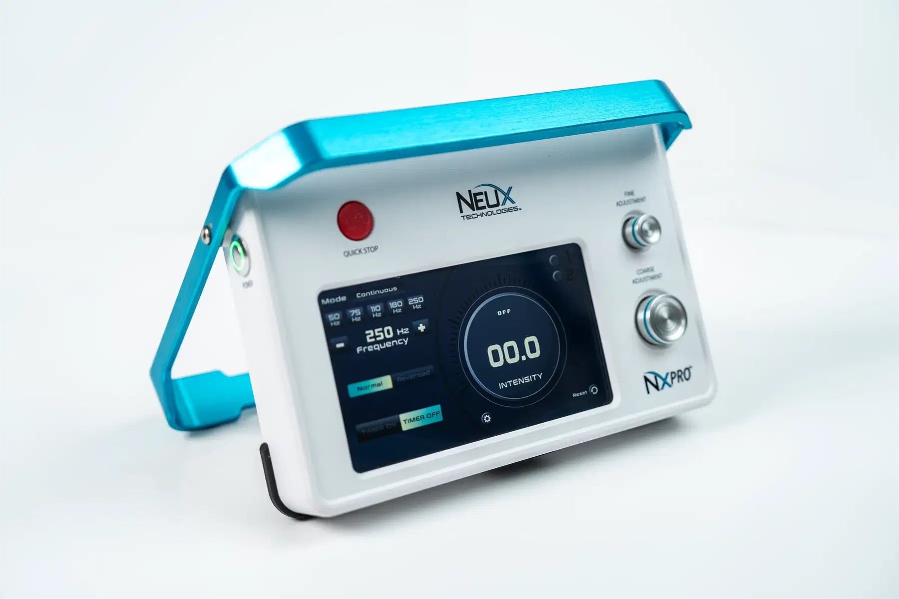 A white and blue Neux Technologies NXPRO medical therapy device with a digital screen showing frequency and intensity.