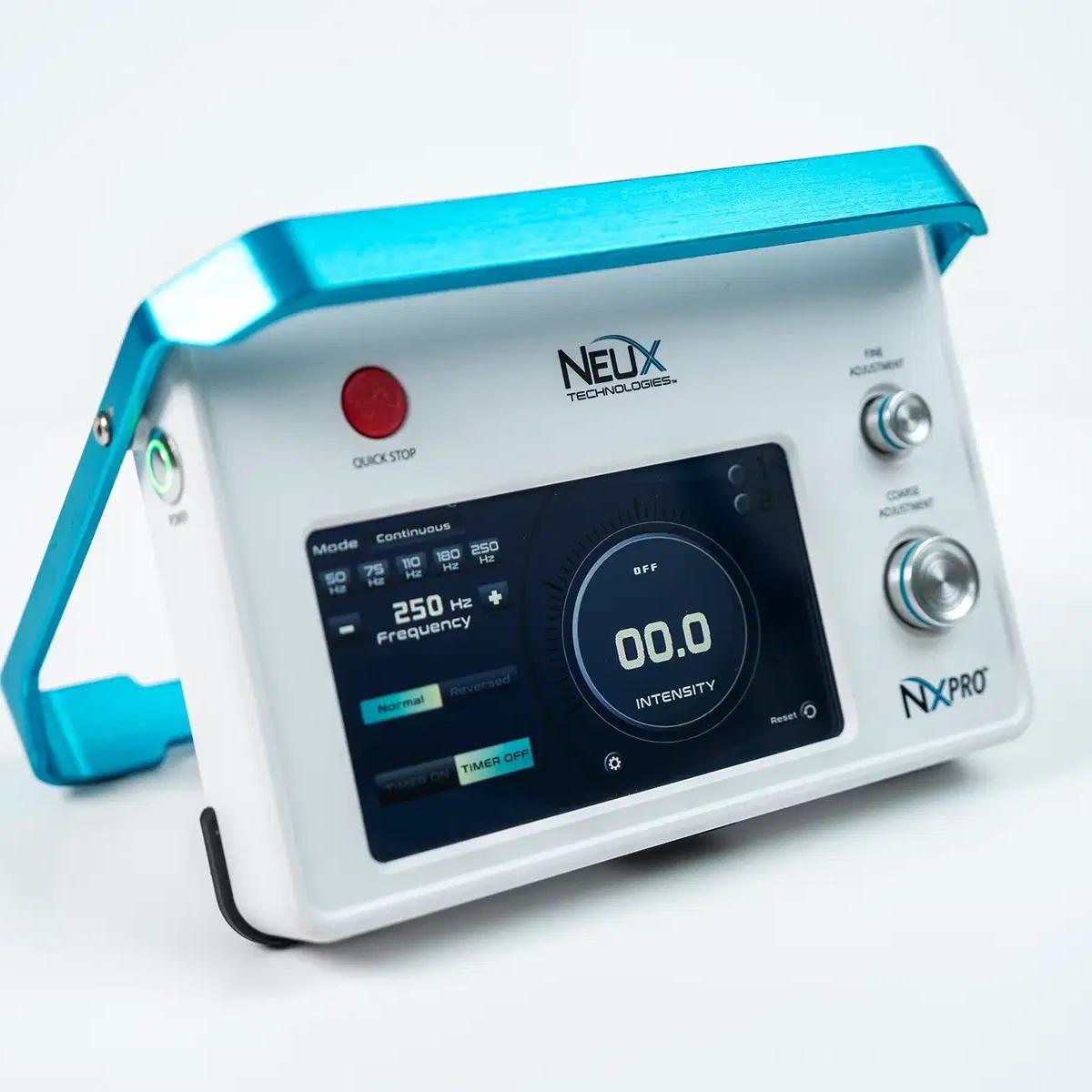 A white and blue Neux Technologies NXPRO medical therapy device with a digital screen showing frequency and intensity.
