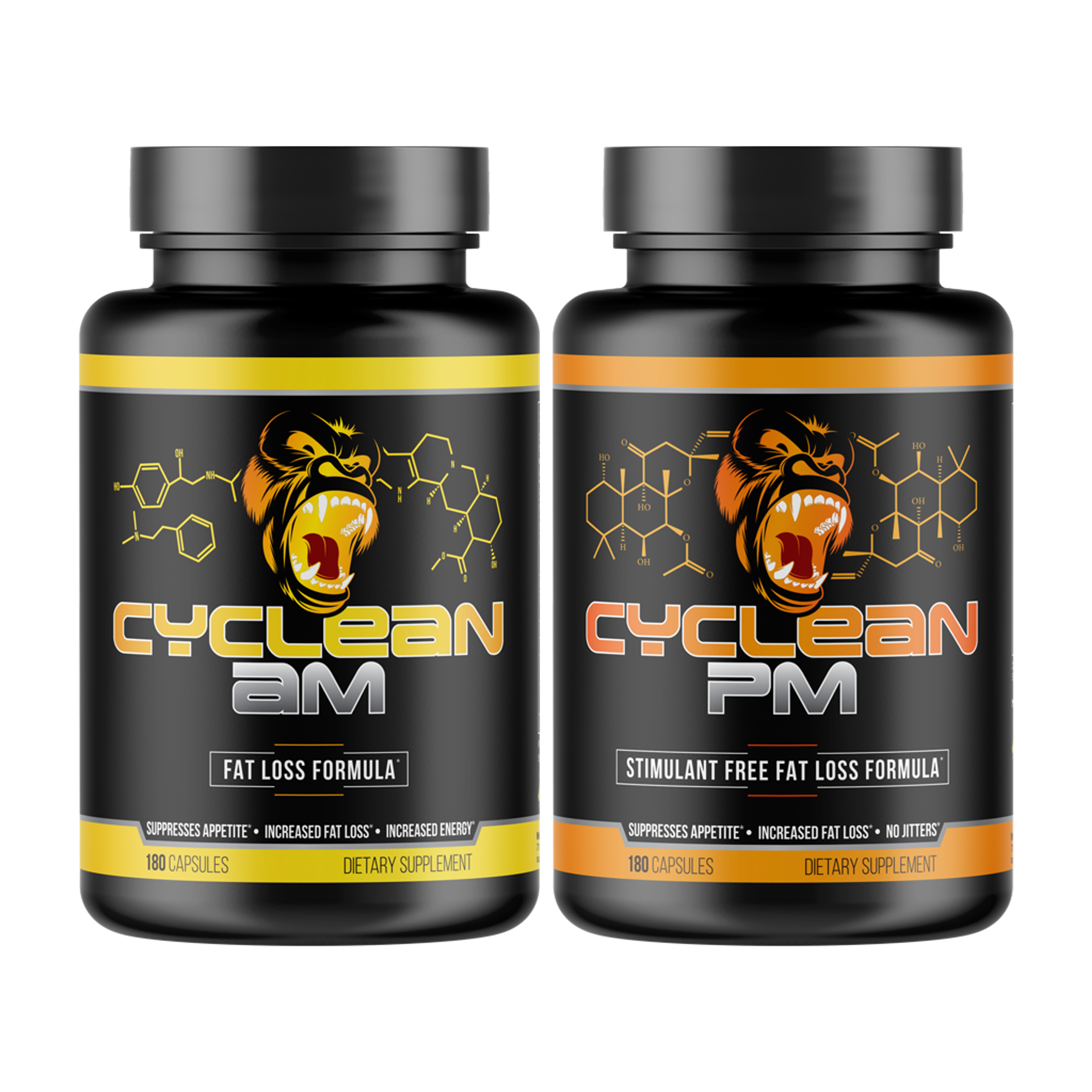 Cyclean AM and Cyclean PM supplement bottles side by side