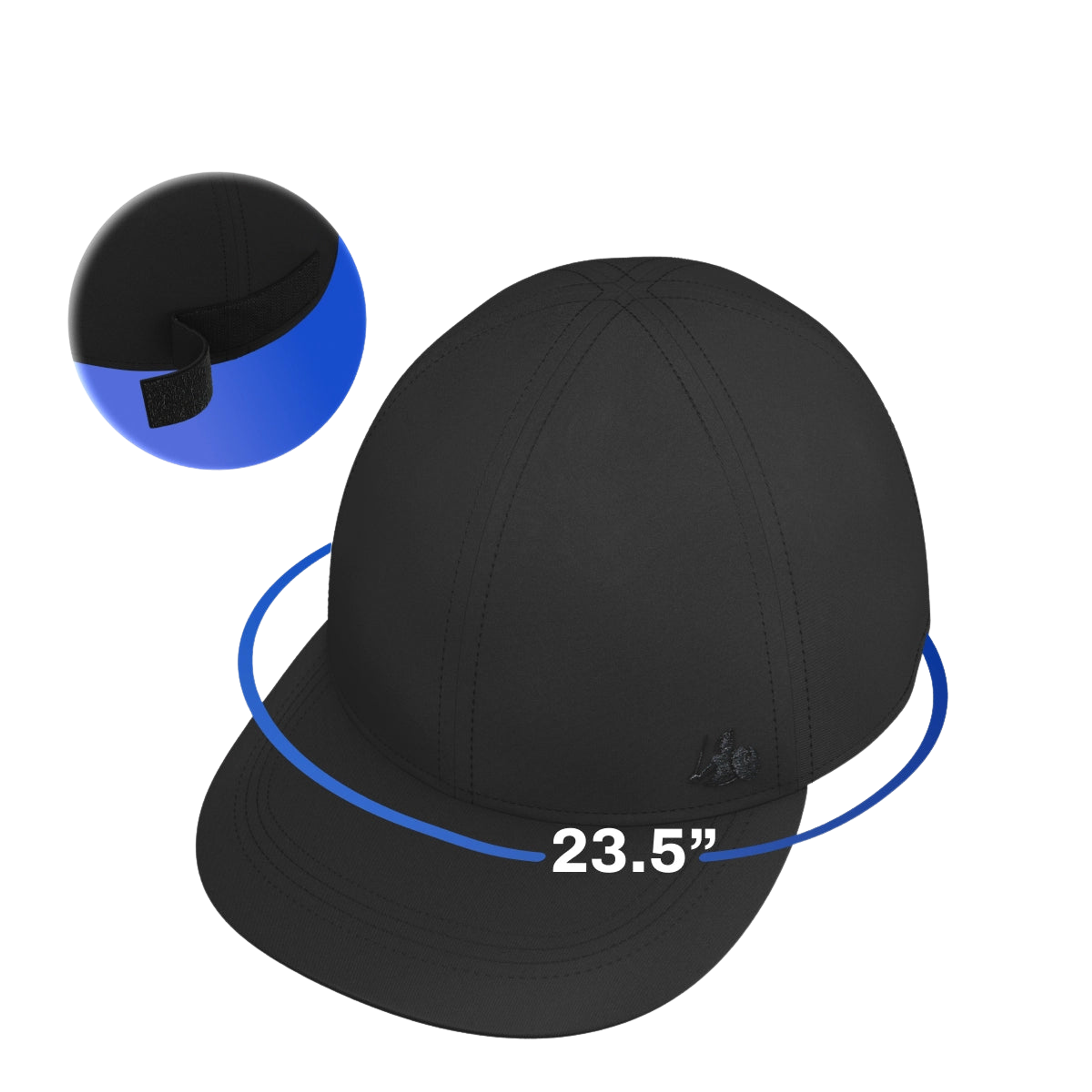 Black baseball cap with 23.5" circumference shown by a blue arc, and an inset showing its velcro strap closure.