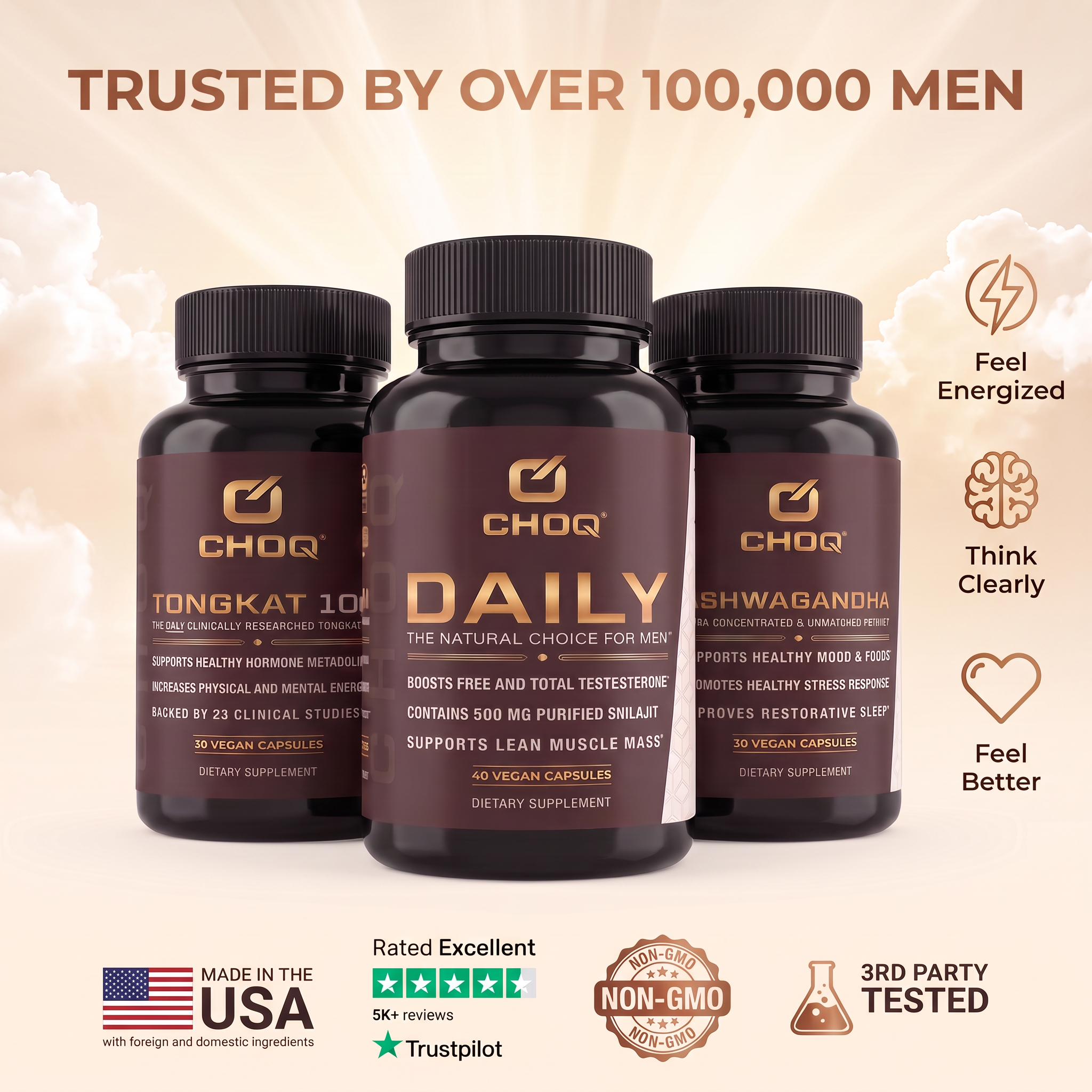 Three CHOQ men's health supplement bottles (Daily, Tongkat 100, Ashwagandha) promoting energy, mental clarity, and well-being, with text "Trusted by over 100,000 Men," "Made in USA," "Rated Excellent," "Non-GMO," and "3rd Party Tested" seals.