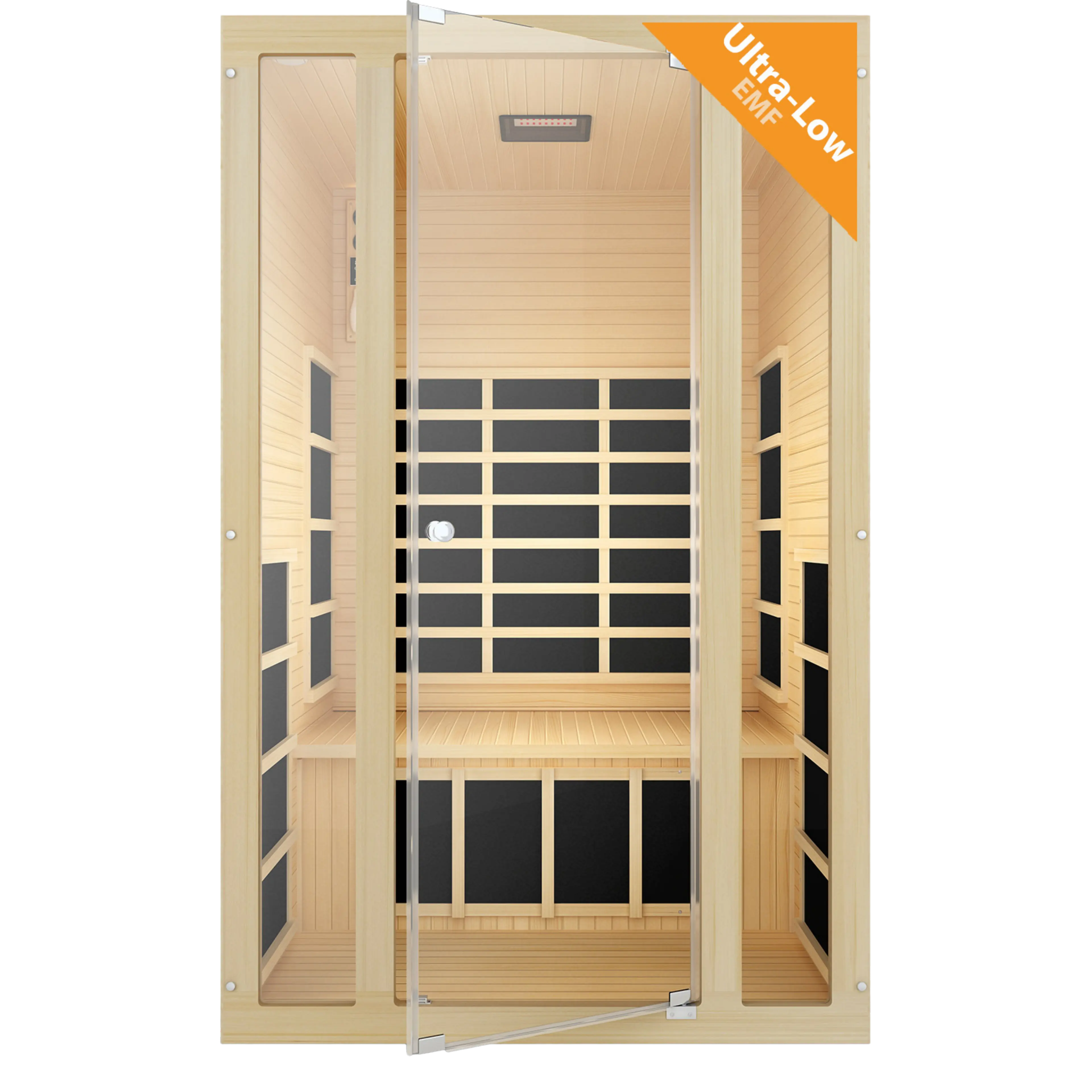 Light wood infrared sauna with a glass door, black heating panels, and an "Ultra-Low EMF" banner.