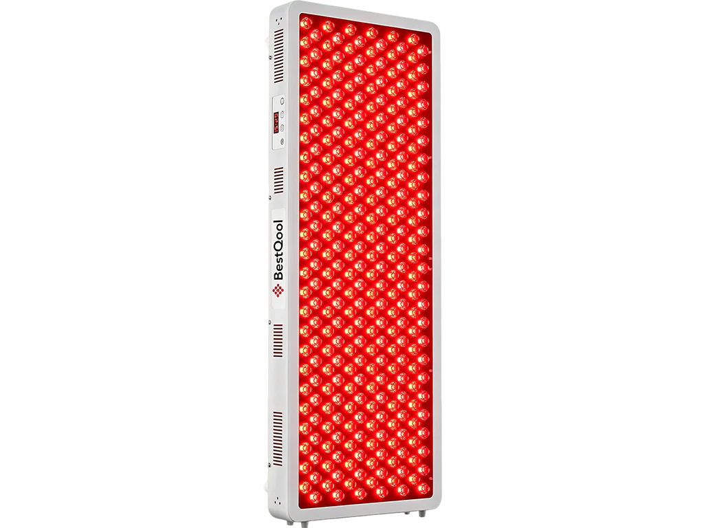 BestQool red light therapy panel with glowing red lights.
