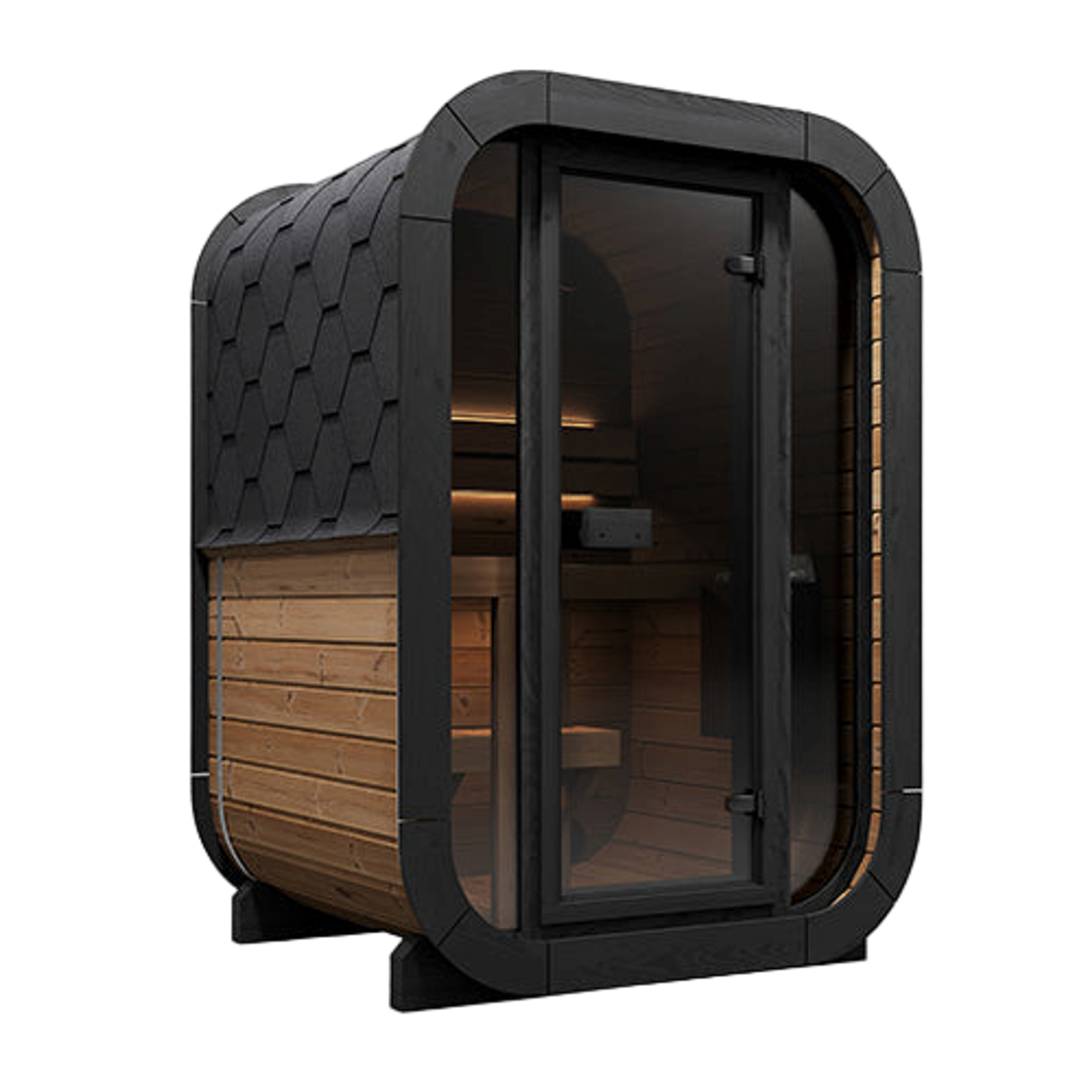 Front view of SaunaLife CL3G outdoor cube sauna with glass wall