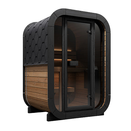 Front view of SaunaLife CL3G outdoor cube sauna with glass wall