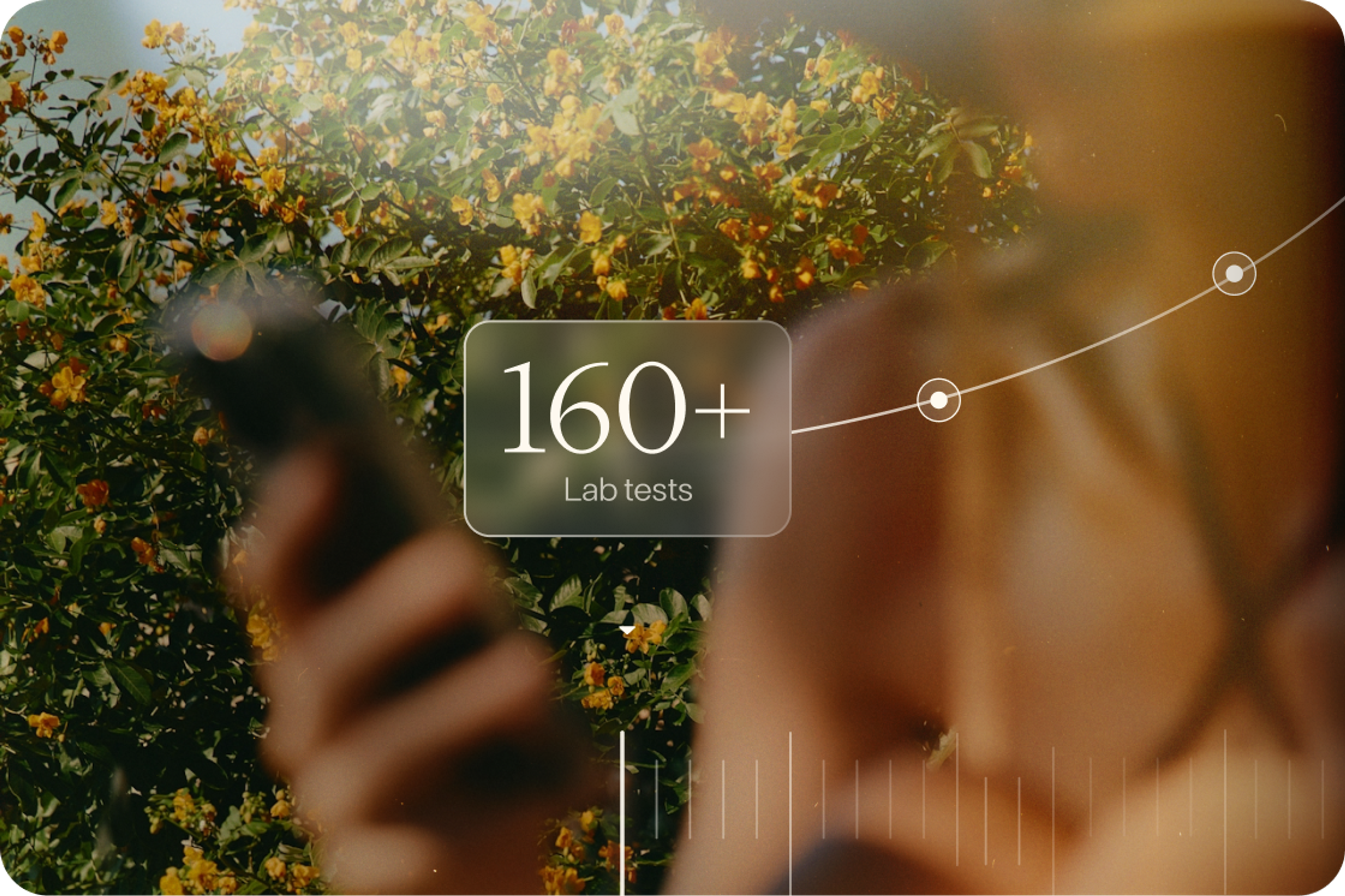 Function app card reading 160+ lab tests over a sunlit garden scene