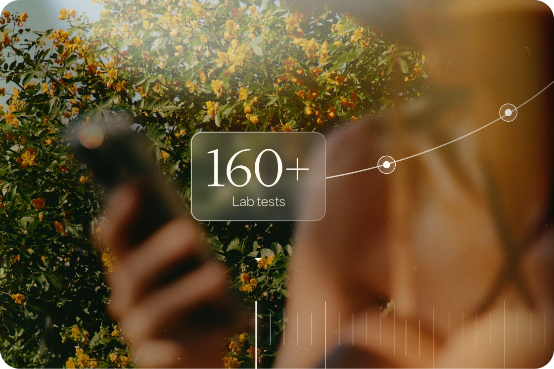 Function app card reading 160+ lab tests over a sunlit garden scene