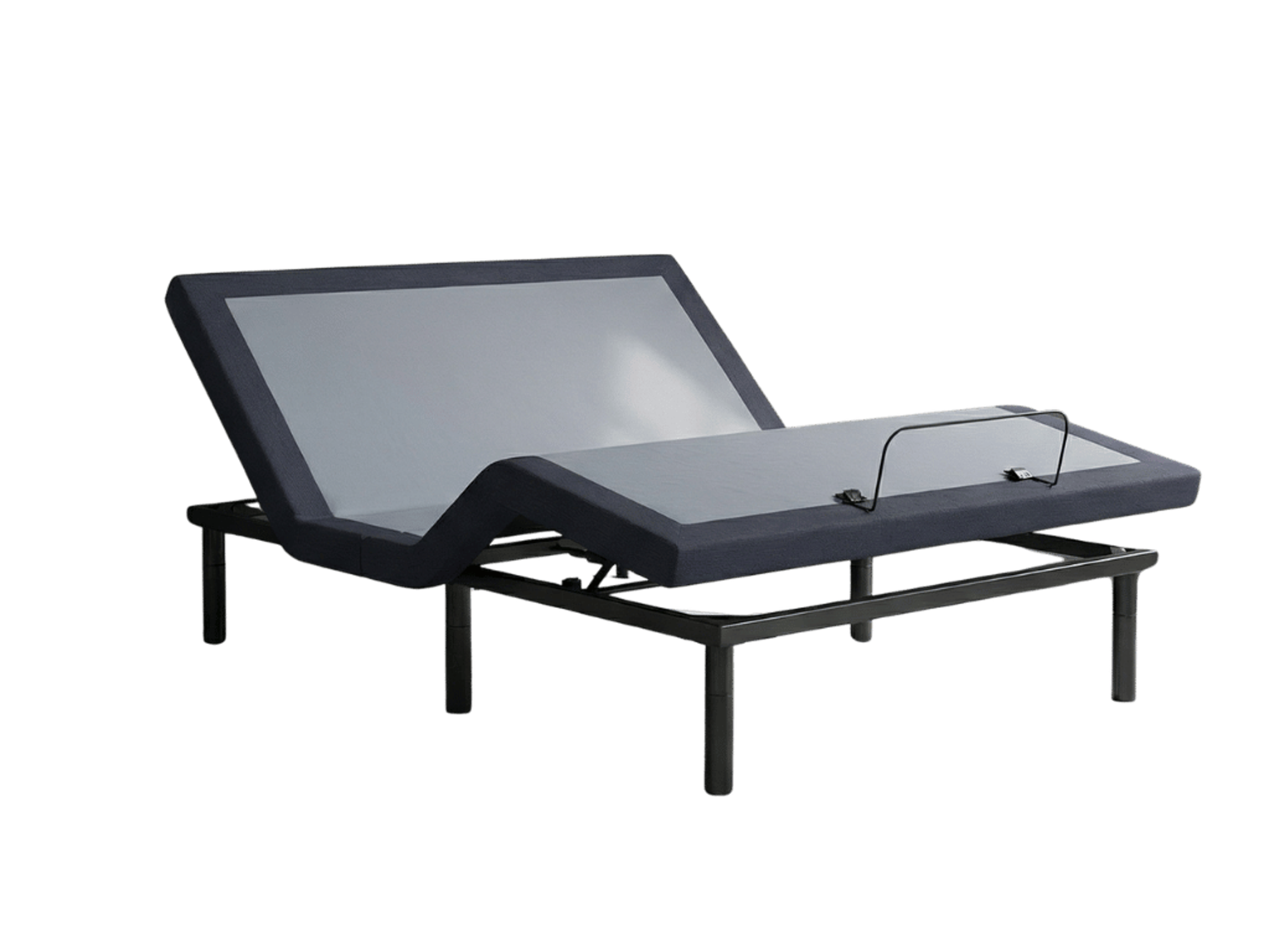 Adjustable dark gray bed frame with head and foot sections raised and a foot retainer bar.