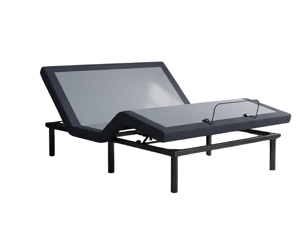 Adjustable dark gray bed frame with head and foot sections raised and a foot retainer bar.