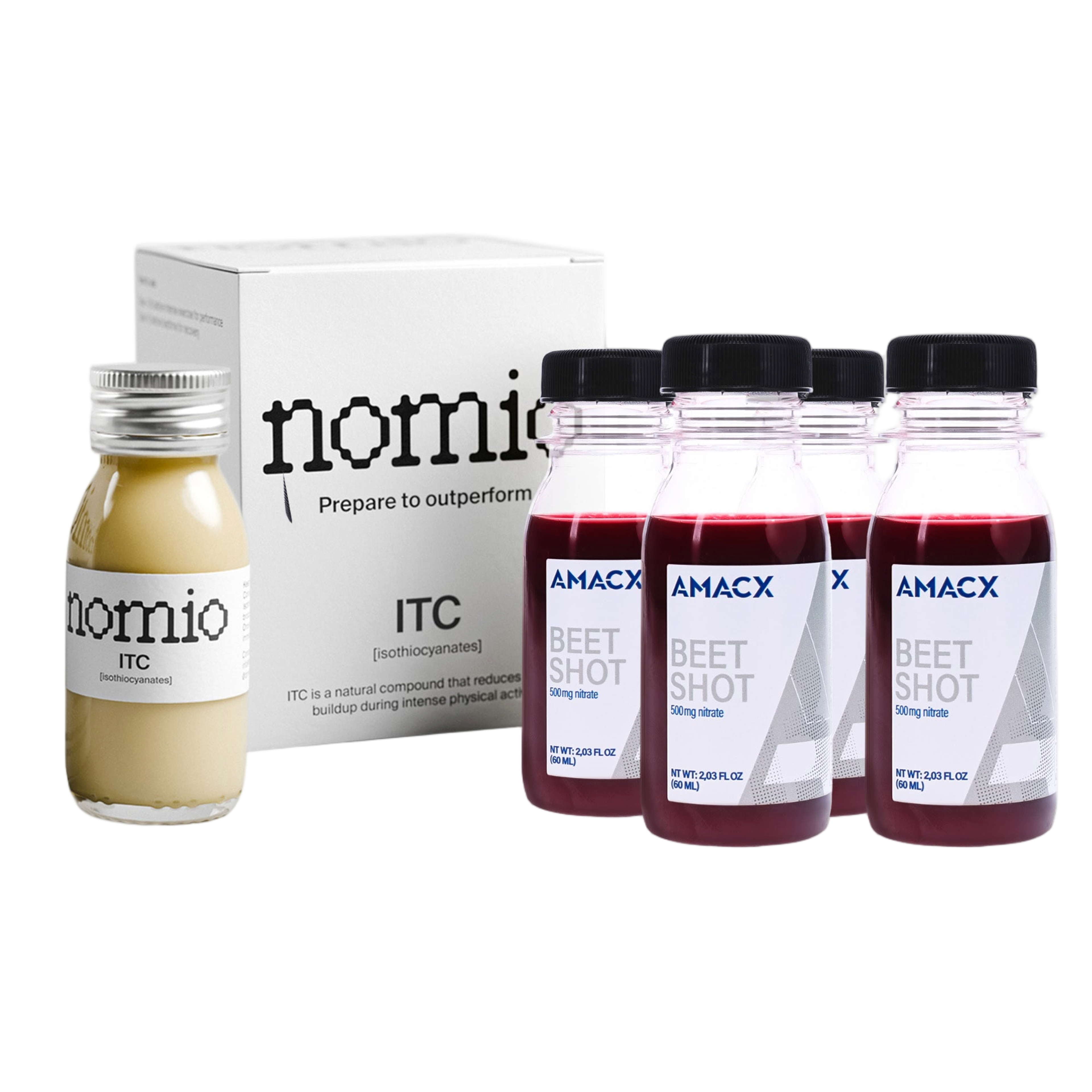 Nomio and Amacx Beet Shot pack product bottles