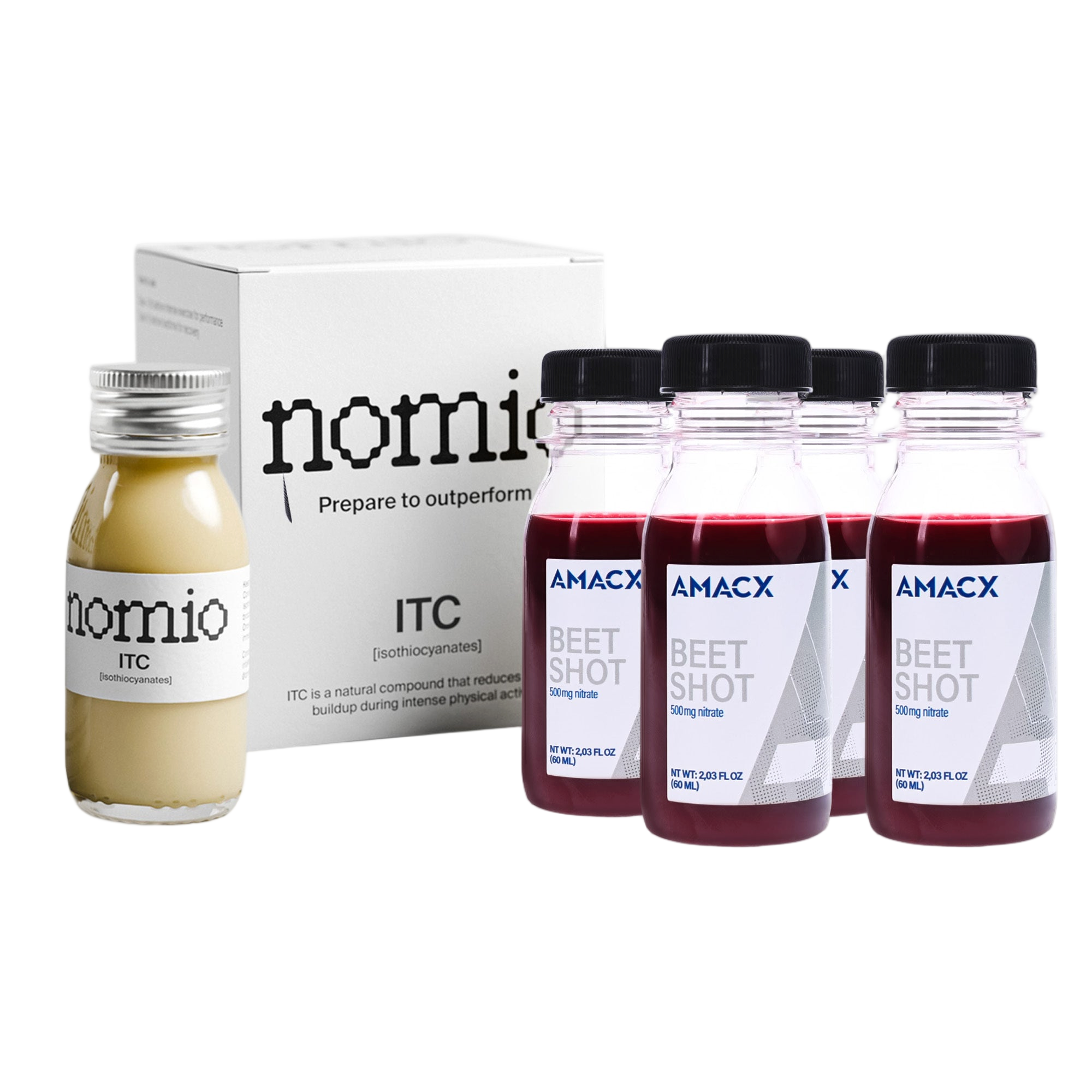 Nomio and Amacx Beet Shot pack product bottles