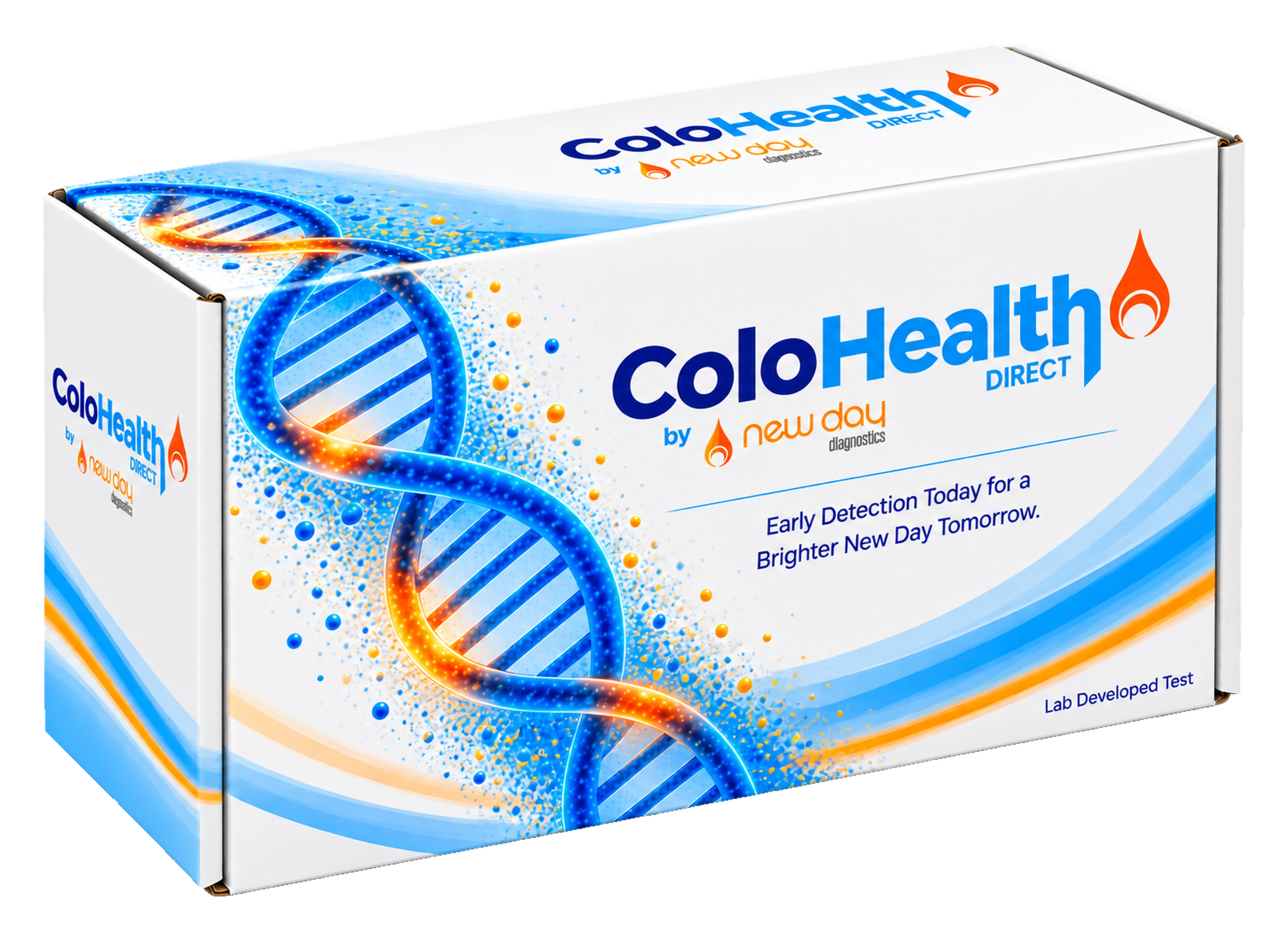 ColoHealth DIRECT by New Day Diagnostics product box showing a DNA helix graphic.