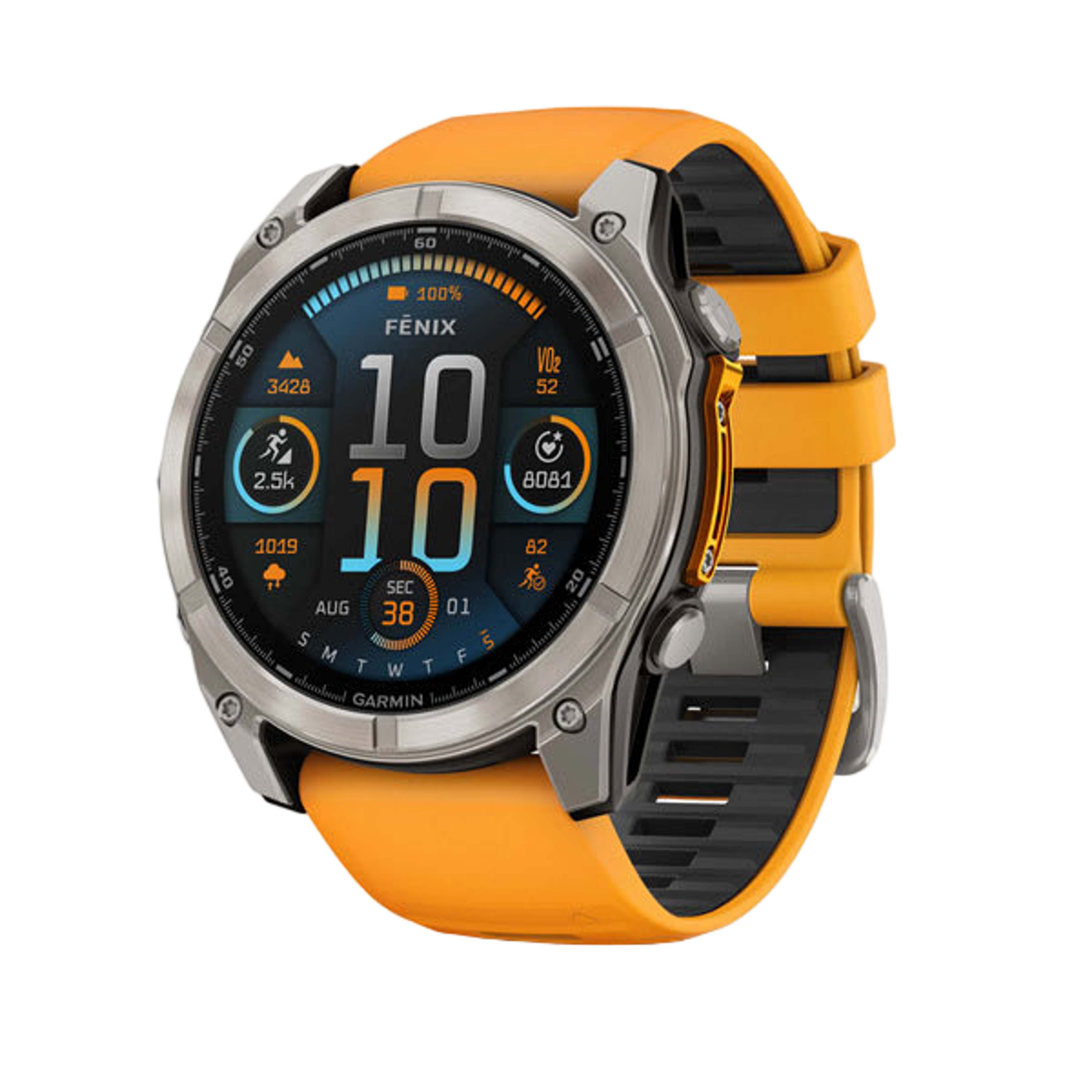 Garmin fenix 8 titanium smartwatch with orange silicone band