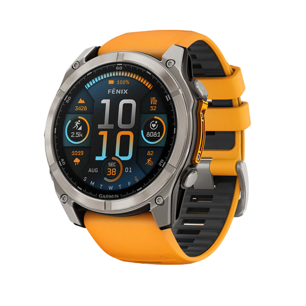 Garmin fenix 8 titanium smartwatch with orange silicone band