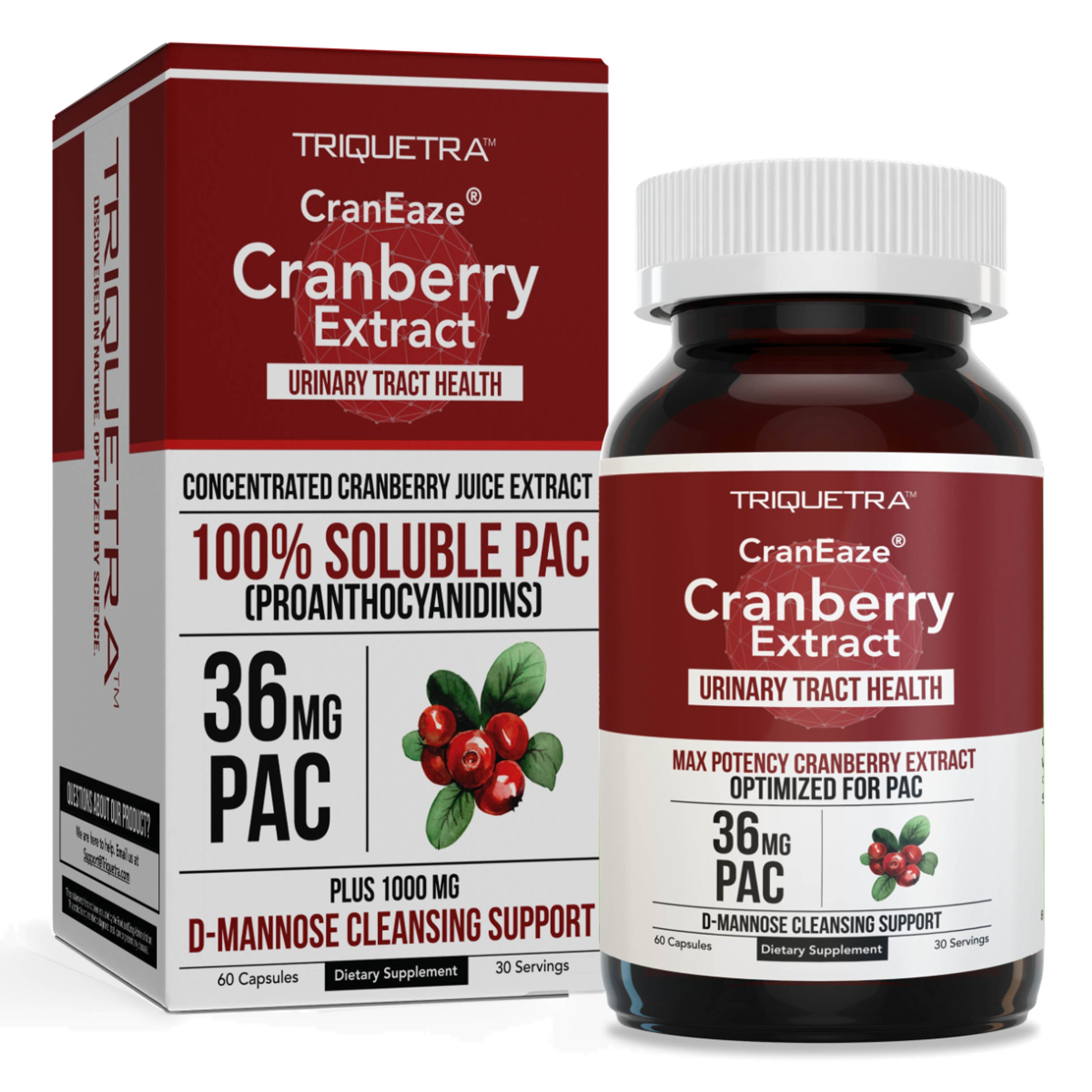 Triquetra CranEaze Cranberry Extract for urinary tract health, box and bottle, with 36mg PAC and D-Mannose.