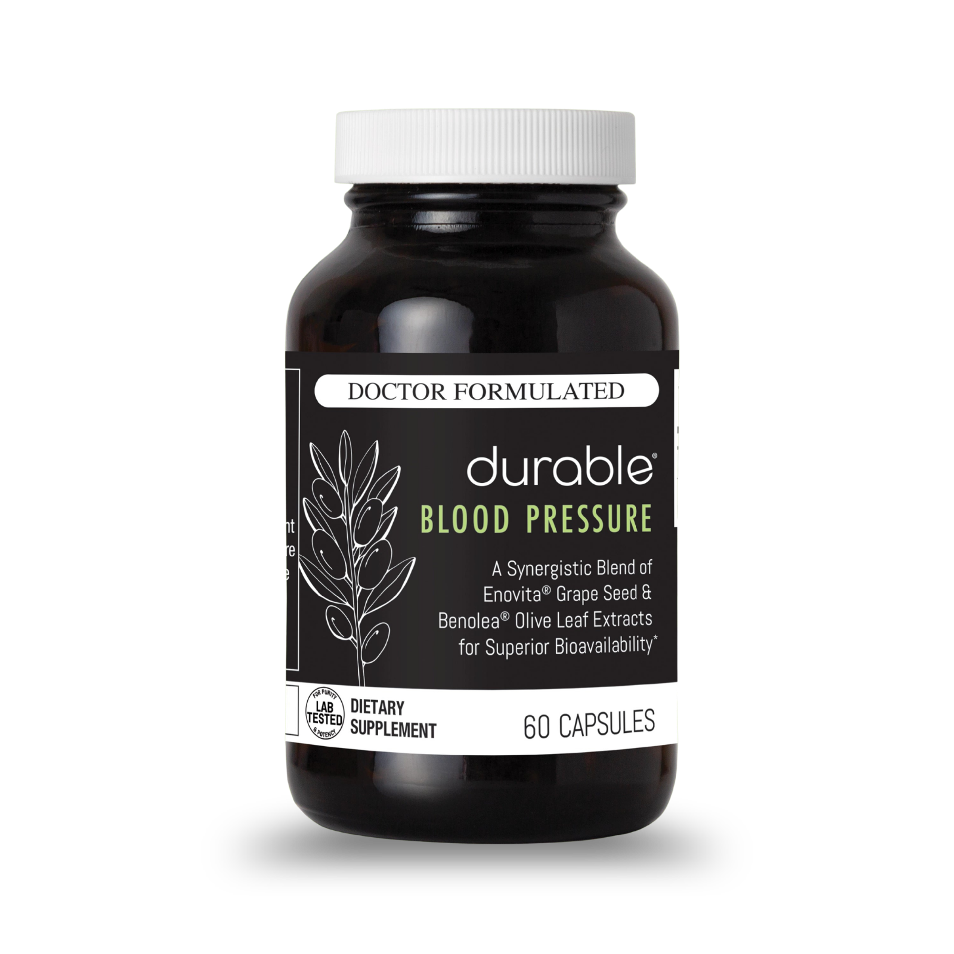 Bottle of Durable Blood Pressure dietary supplement with 60 capsules, featuring grape seed and olive leaf extracts.