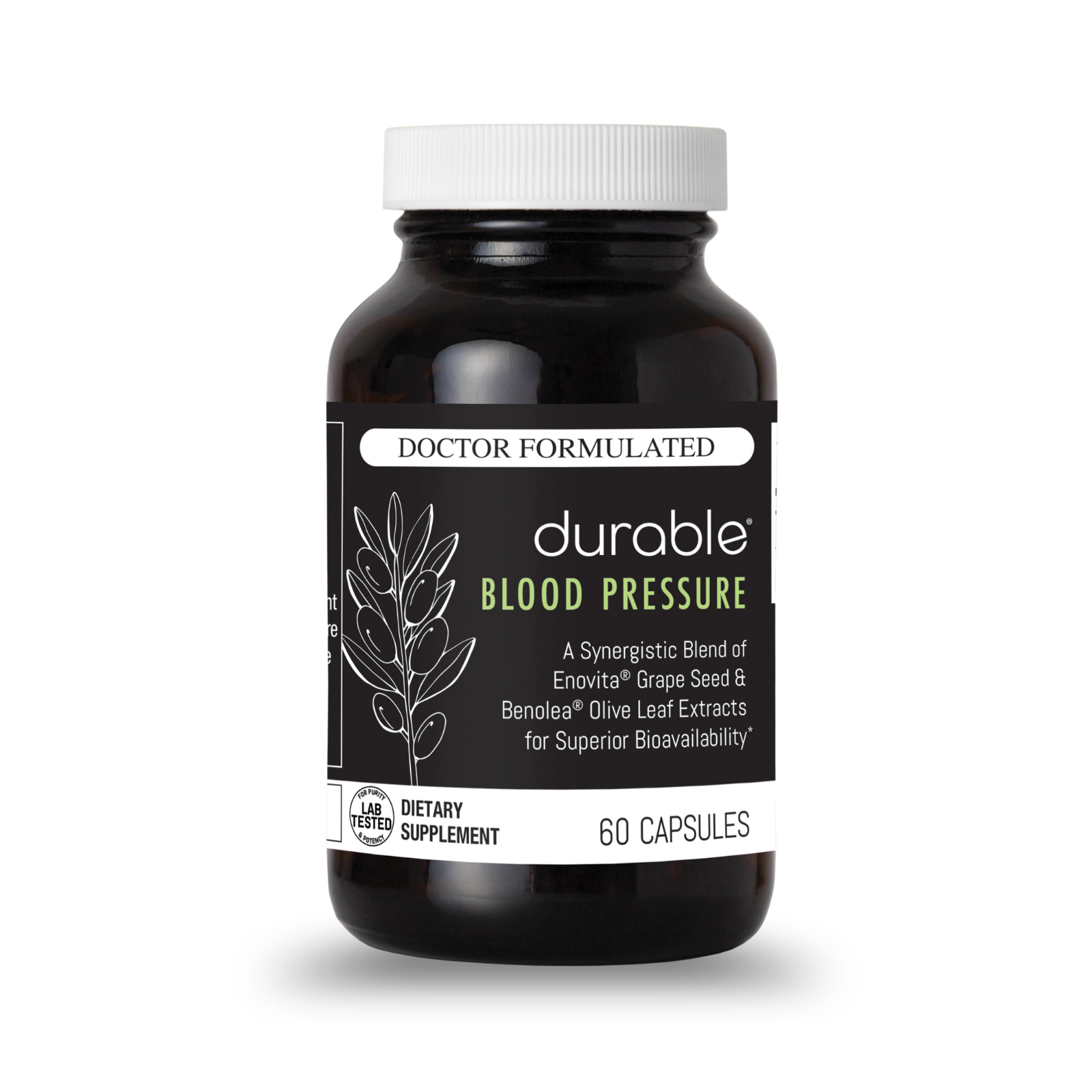 Bottle of Durable Blood Pressure dietary supplement with 60 capsules, featuring grape seed and olive leaf extracts.