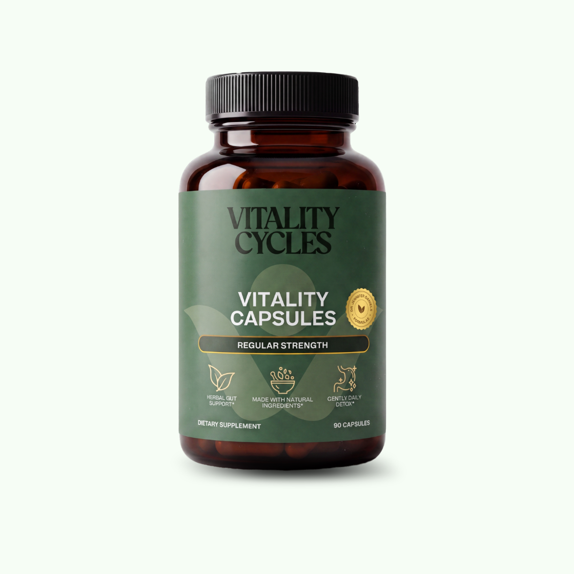 A brown bottle of Vitality Cycles Vitality Capsules Regular Strength dietary supplement with a green label, containing 90 capsules.
