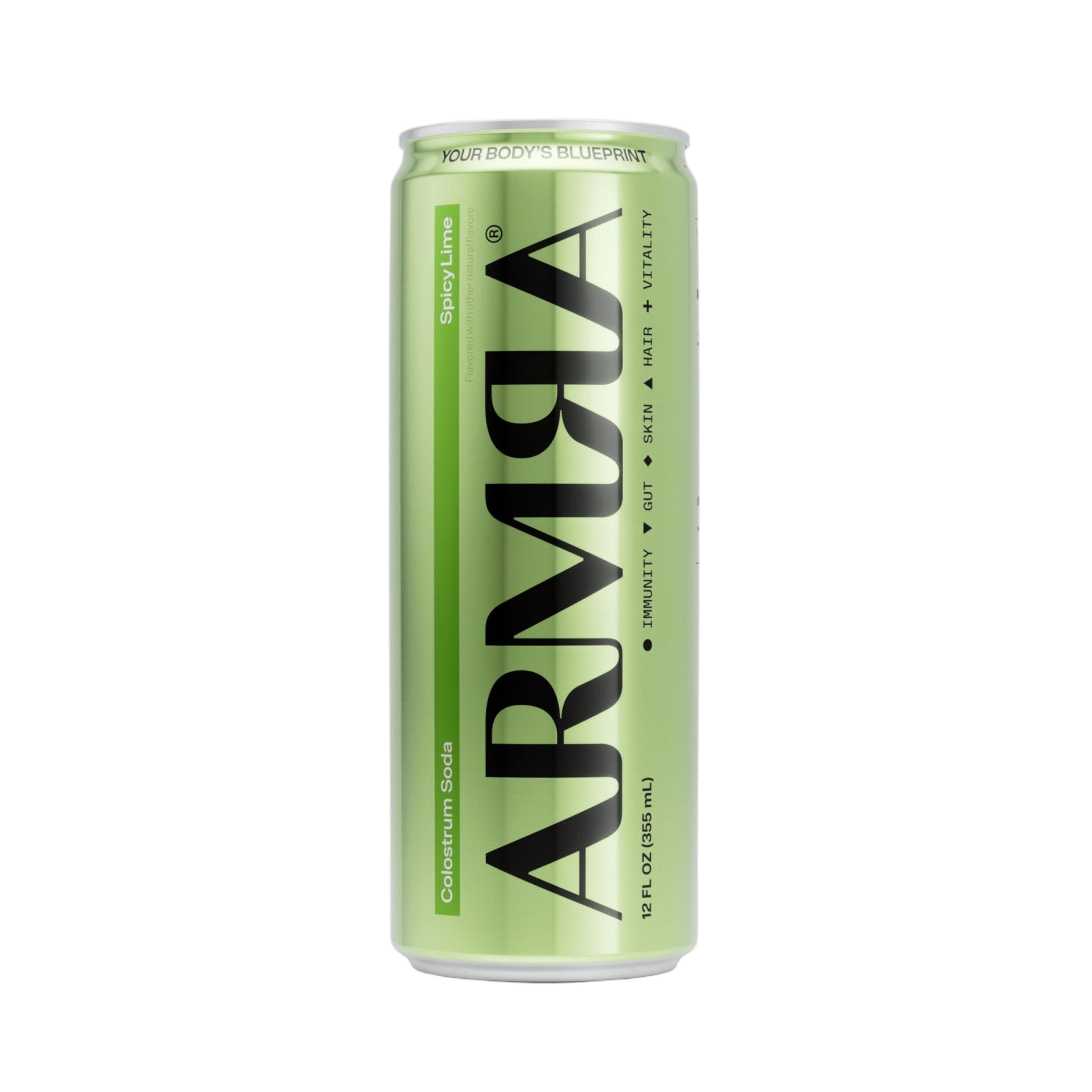 Twelve-pack box of ARMRA Colostrum Soda Spicy Lime