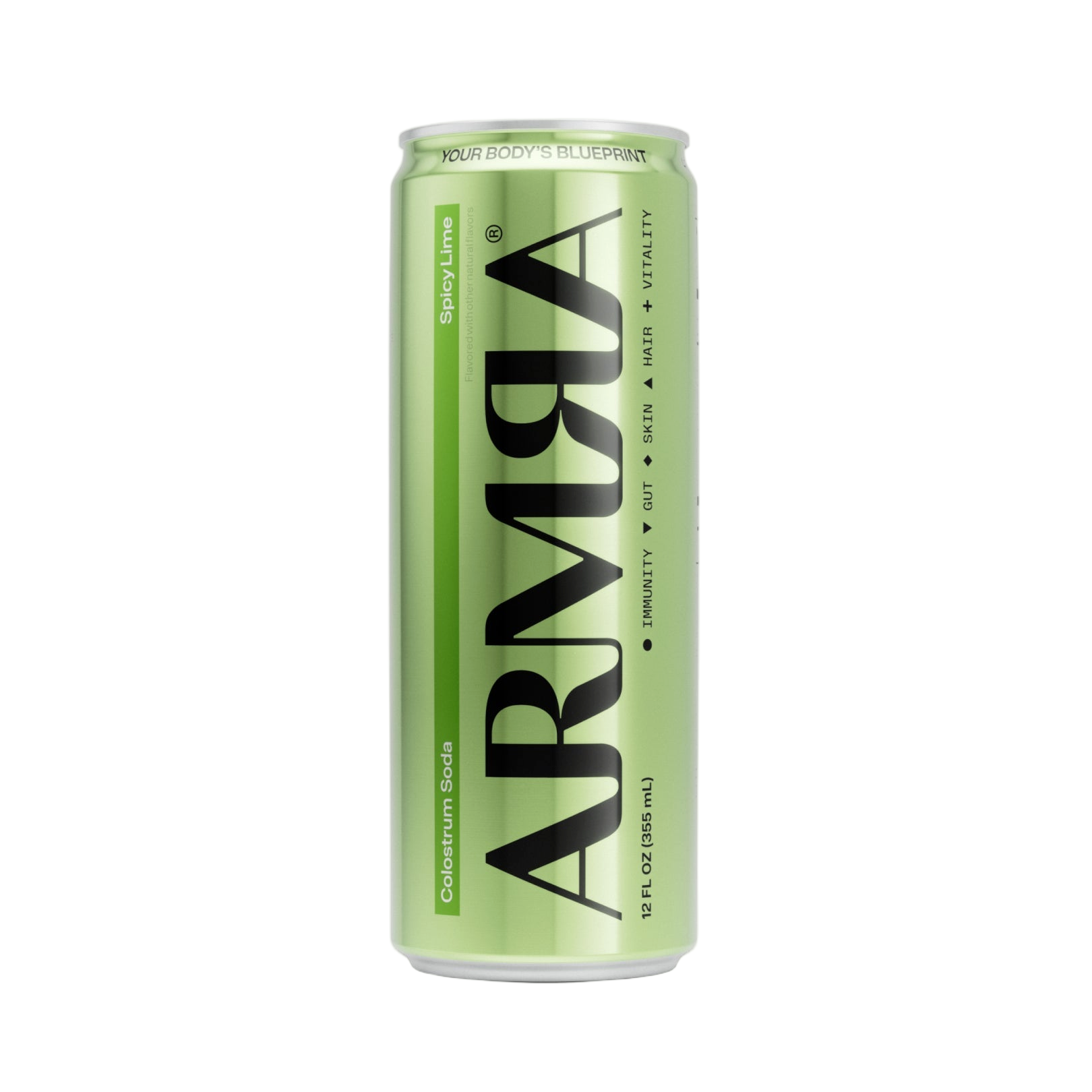 Twelve-pack box of ARMRA Colostrum Soda Spicy Lime