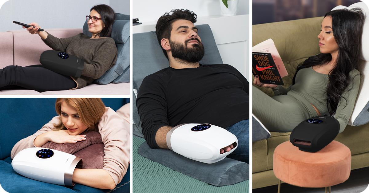 Four people relaxing and using a hand massager in various home settings.