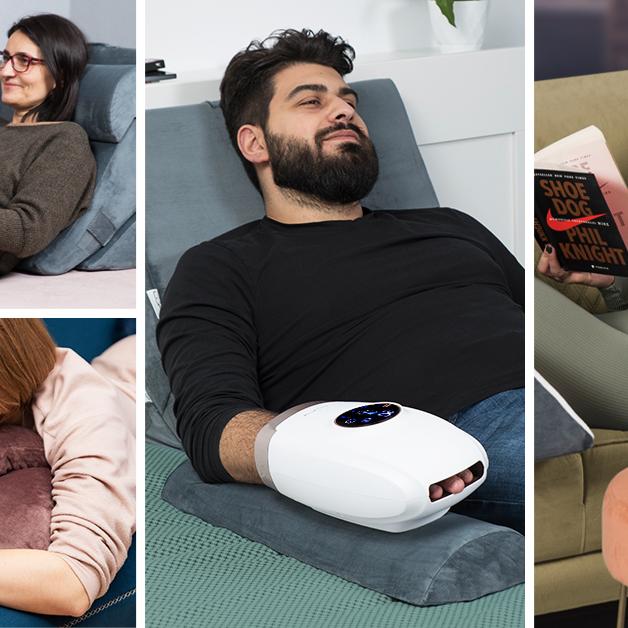 Four people relaxing and using a hand massager in various home settings.