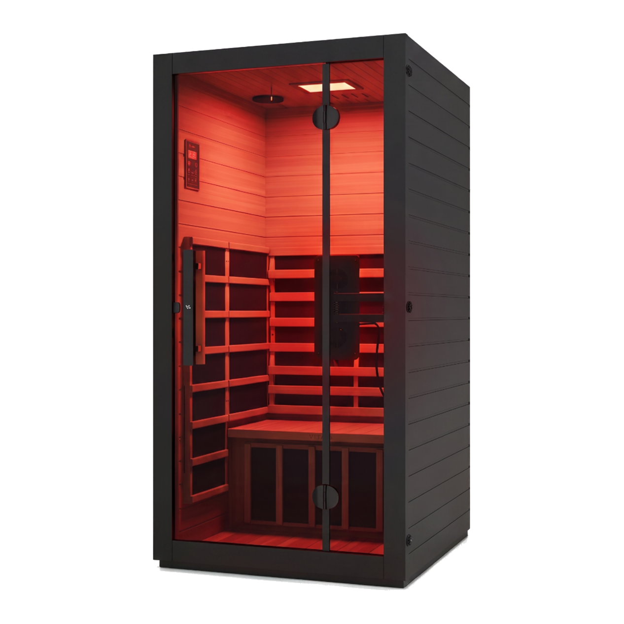 Modern infrared sauna with a dark exterior, glass door, and a red-lit wooden interior.