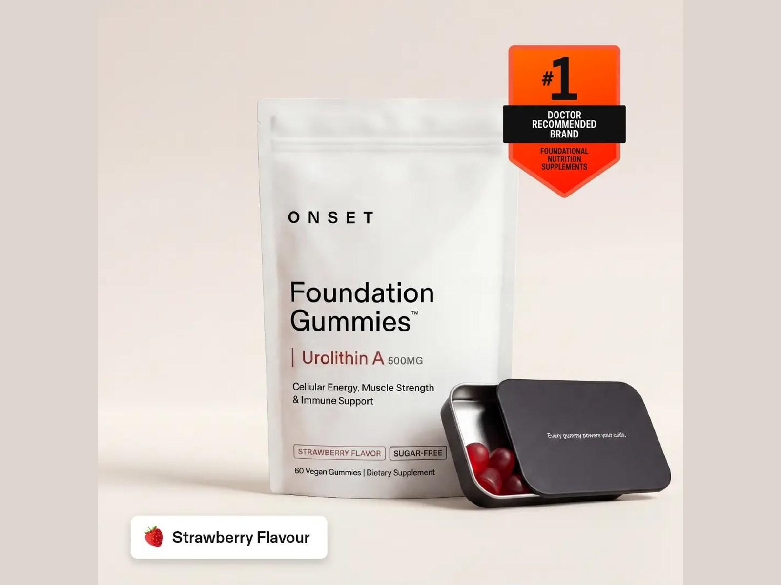 A white Onset Foundation Gummies pouch (Urolithin A, strawberry flavor) next to an open black tin with red gummies, and a "#1 Doctor Recommended Brand" badge.
