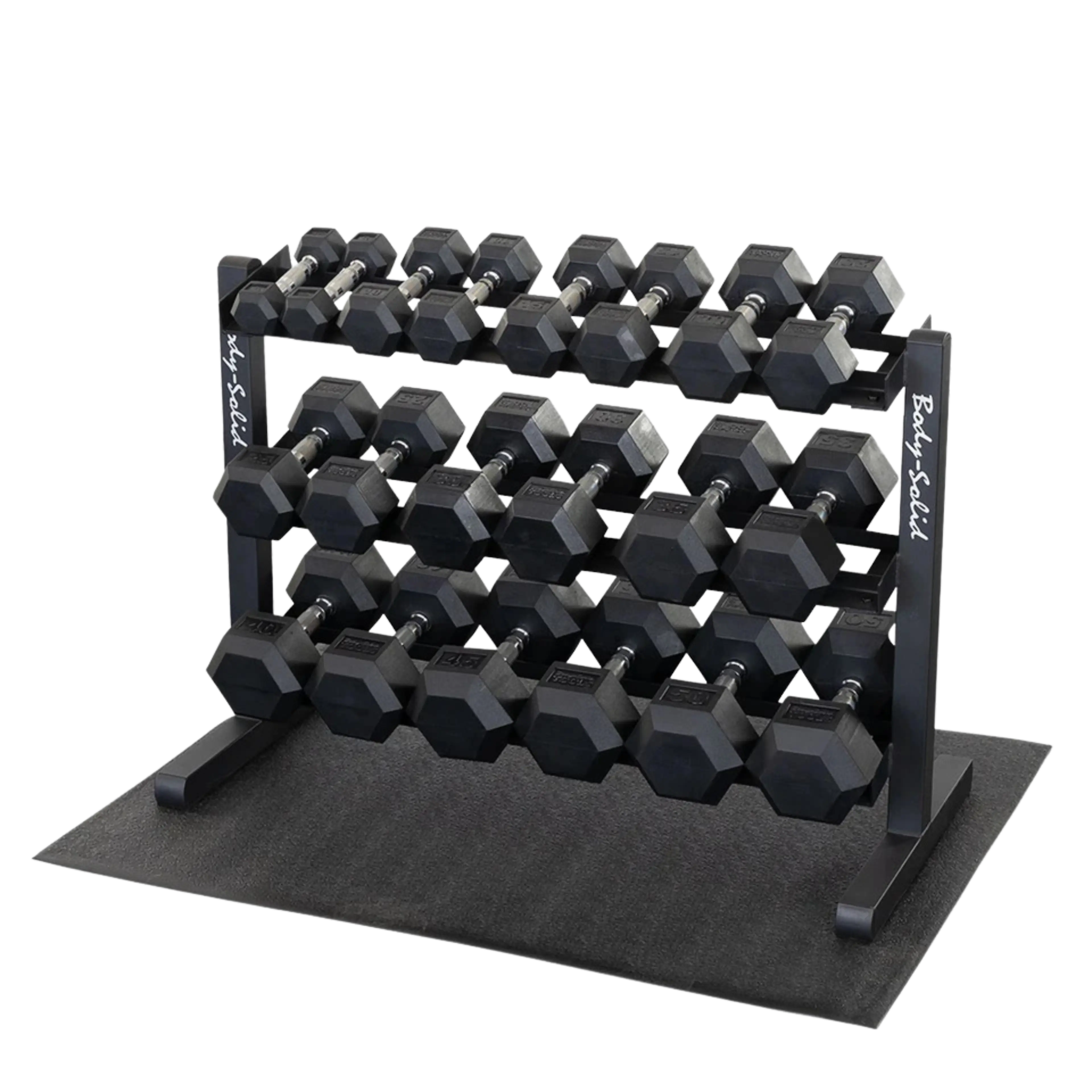 Body-Solid 5–50 lb Rubber-Coated Dumbbell Set with 3-Tier Rack