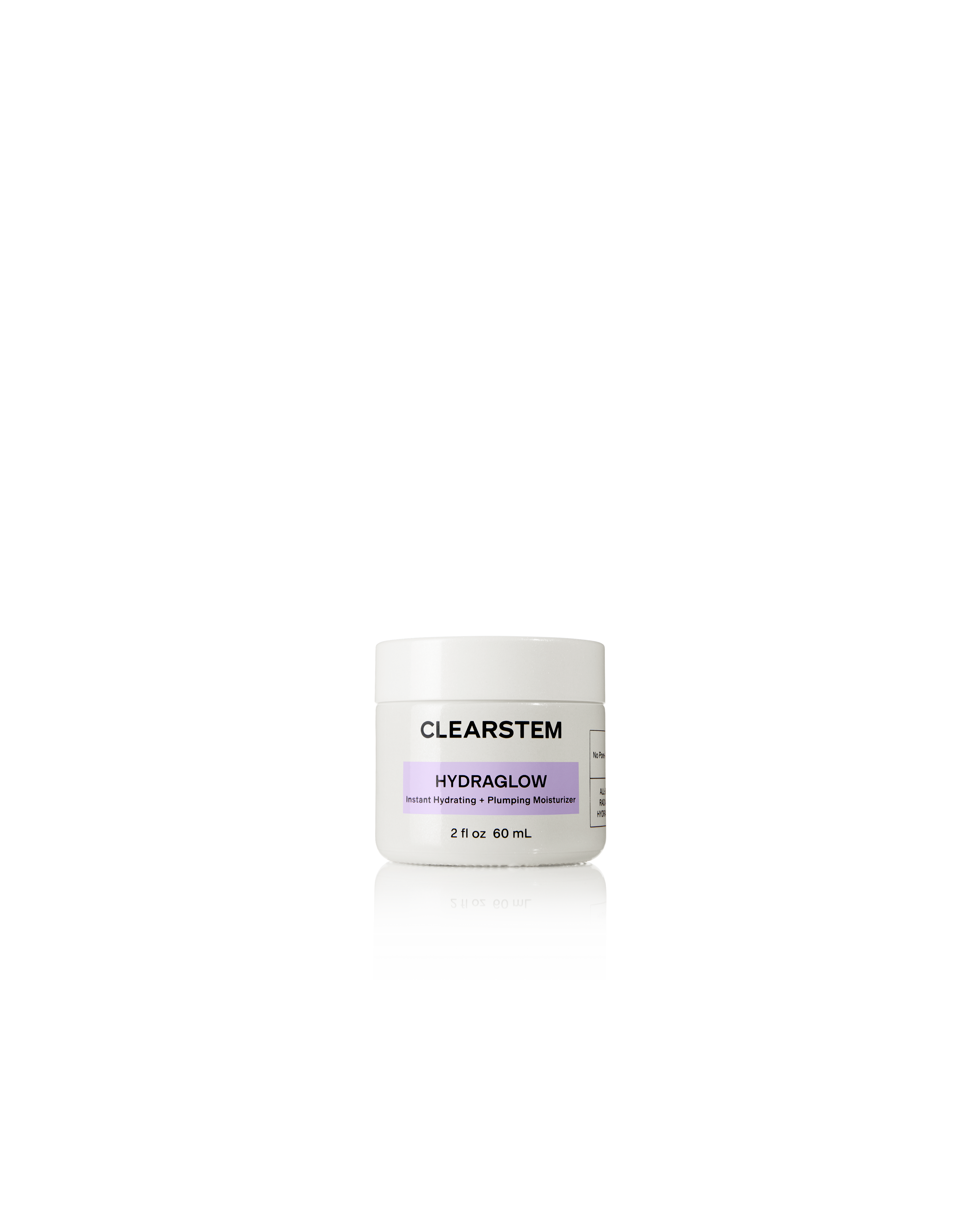 A white jar of CLEARSTEM HYDRAGLOW Instant Hydrating + Plumping Moisturizer with a purple label.