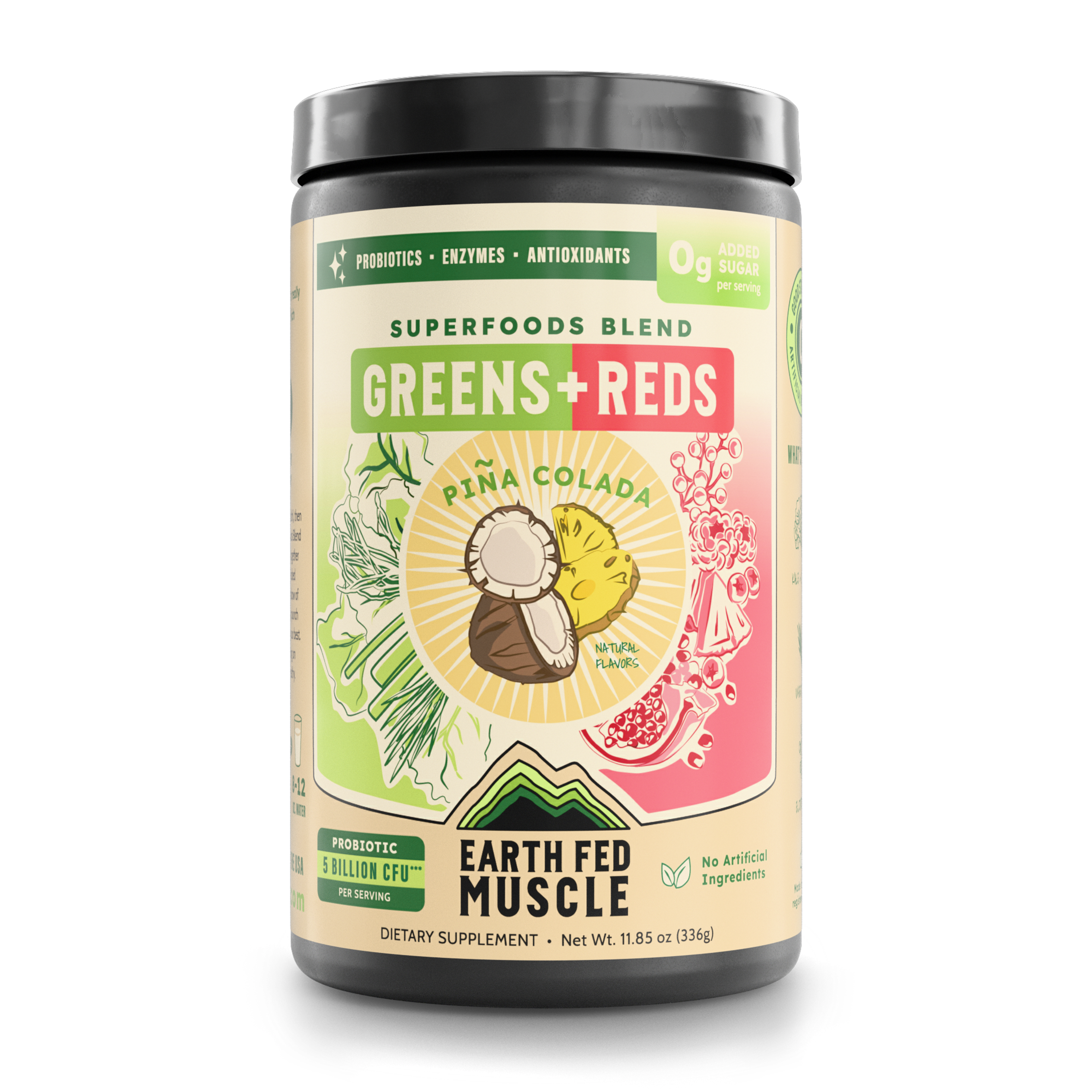 Container of Greens plus Reds Superfoods Blend Pina Colada powder