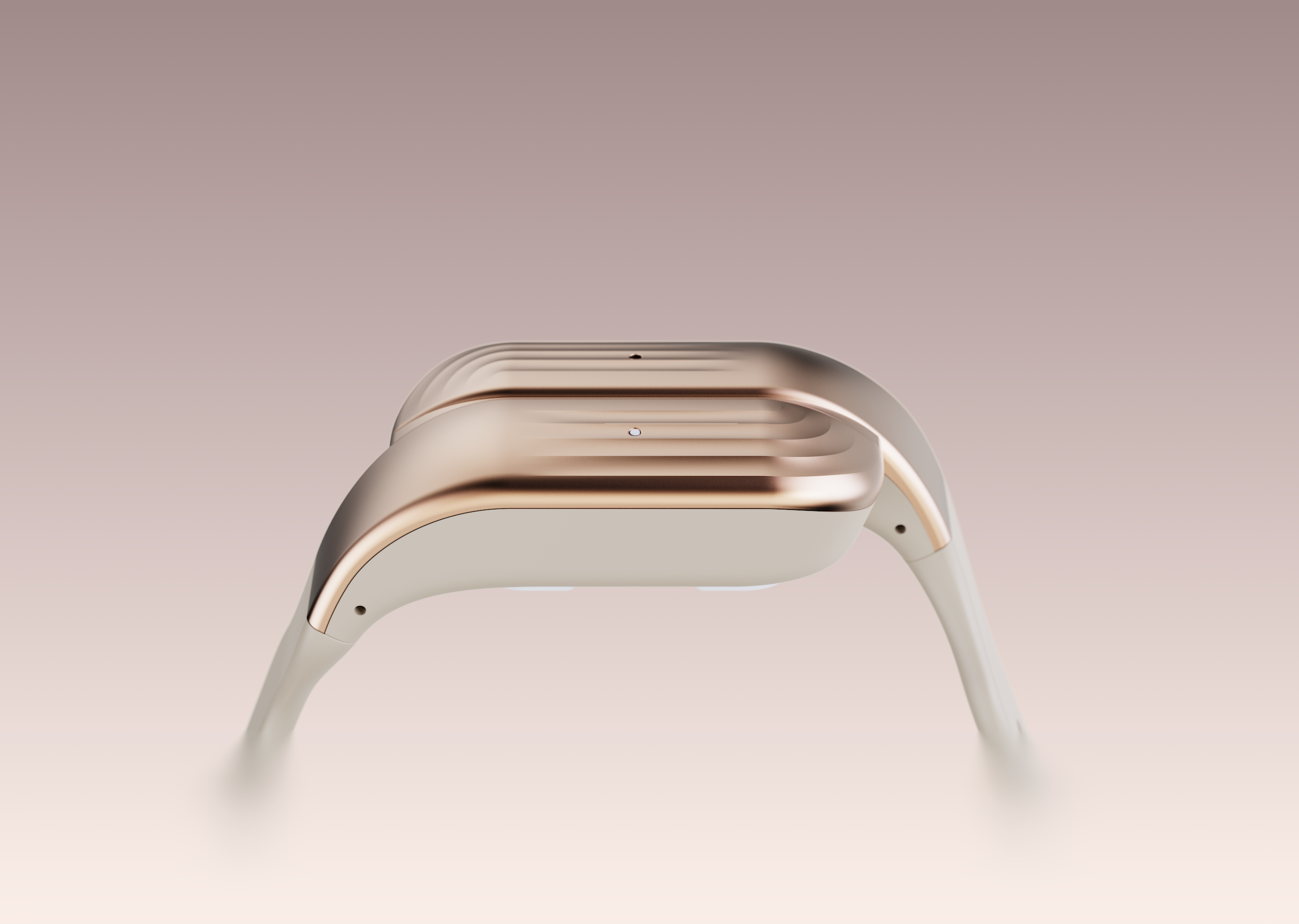 Sleek device with a ribbed rose gold top and cream base with two curved arms.