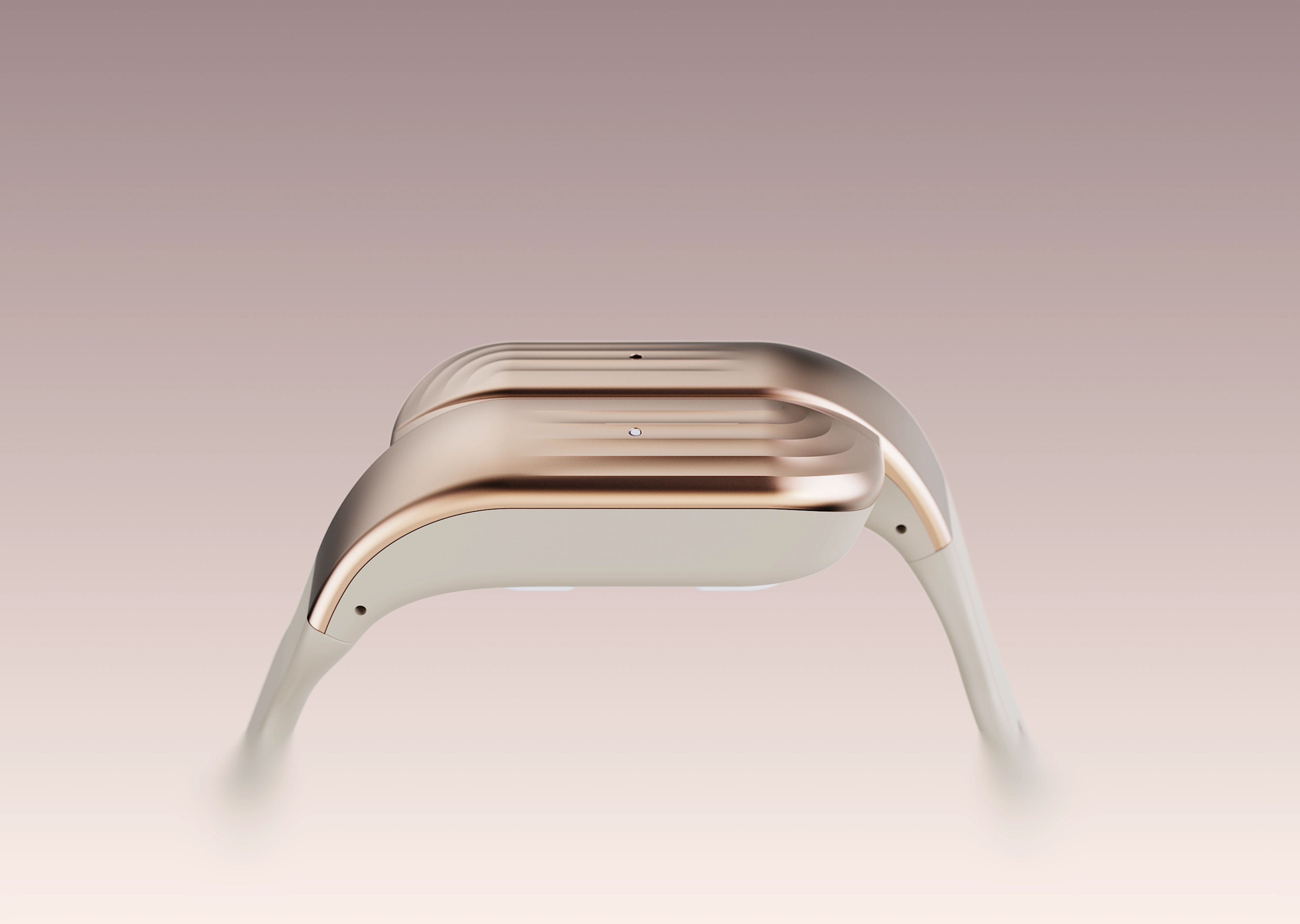 Sleek device with a ribbed rose gold top and cream base with two curved arms.