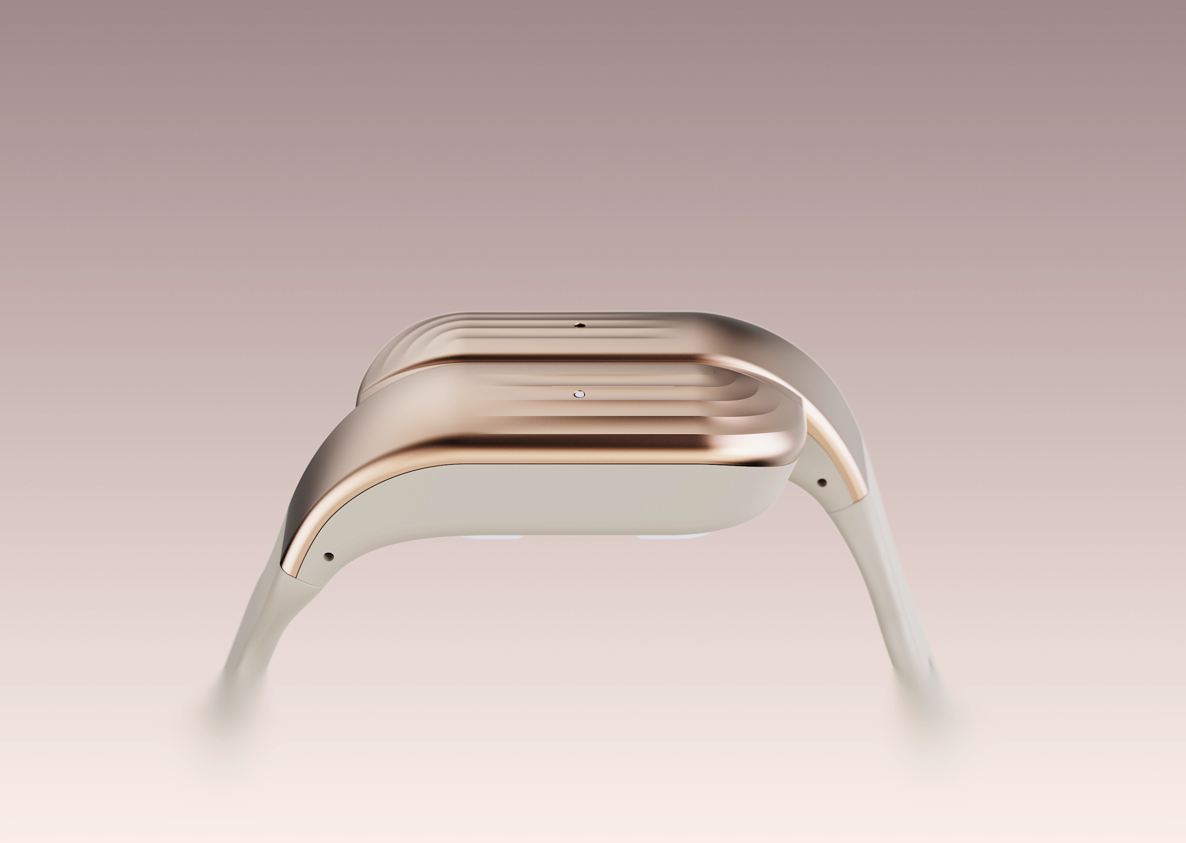Sleek device with a ribbed rose gold top and cream base with two curved arms.