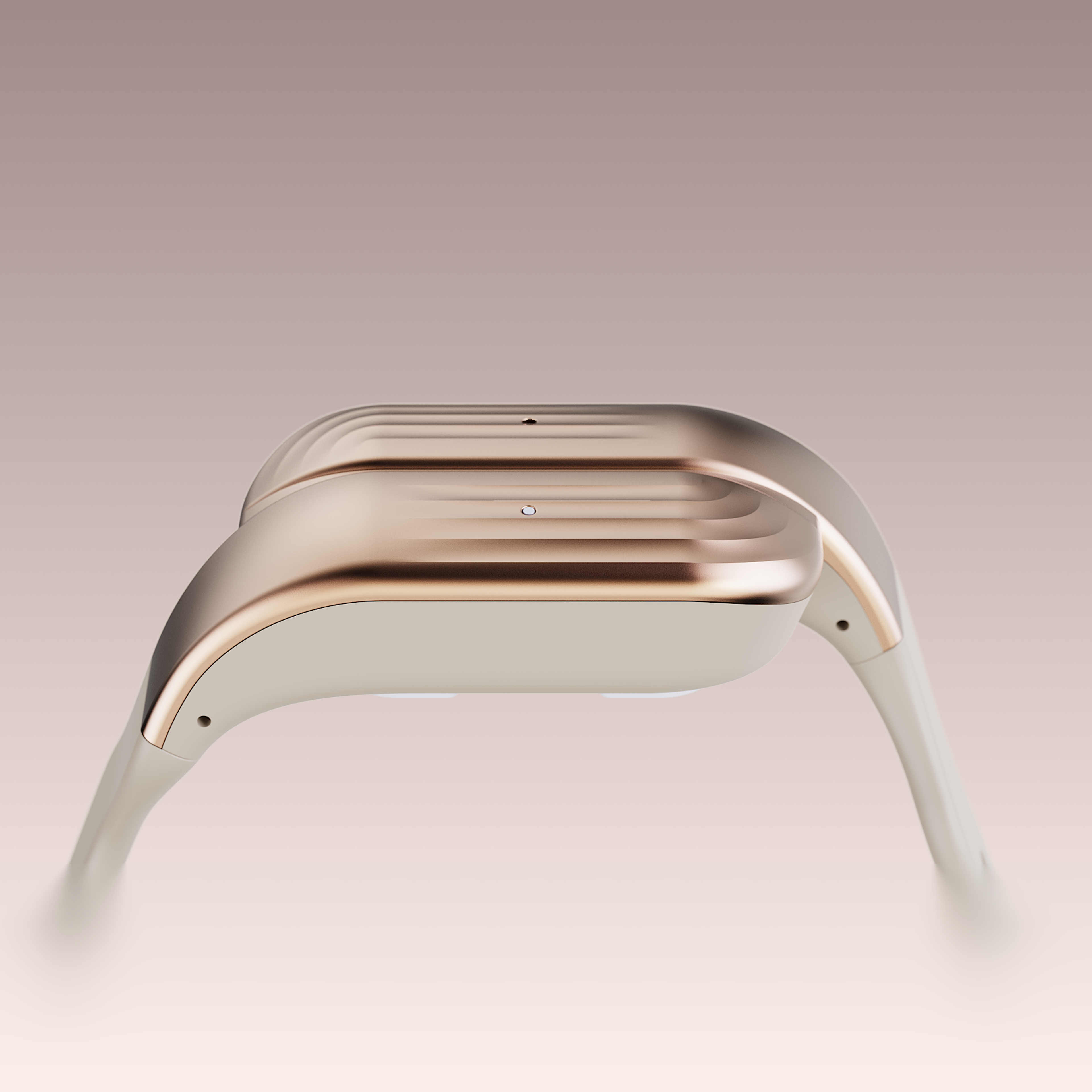 Sleek device with a ribbed rose gold top and cream base with two curved arms.