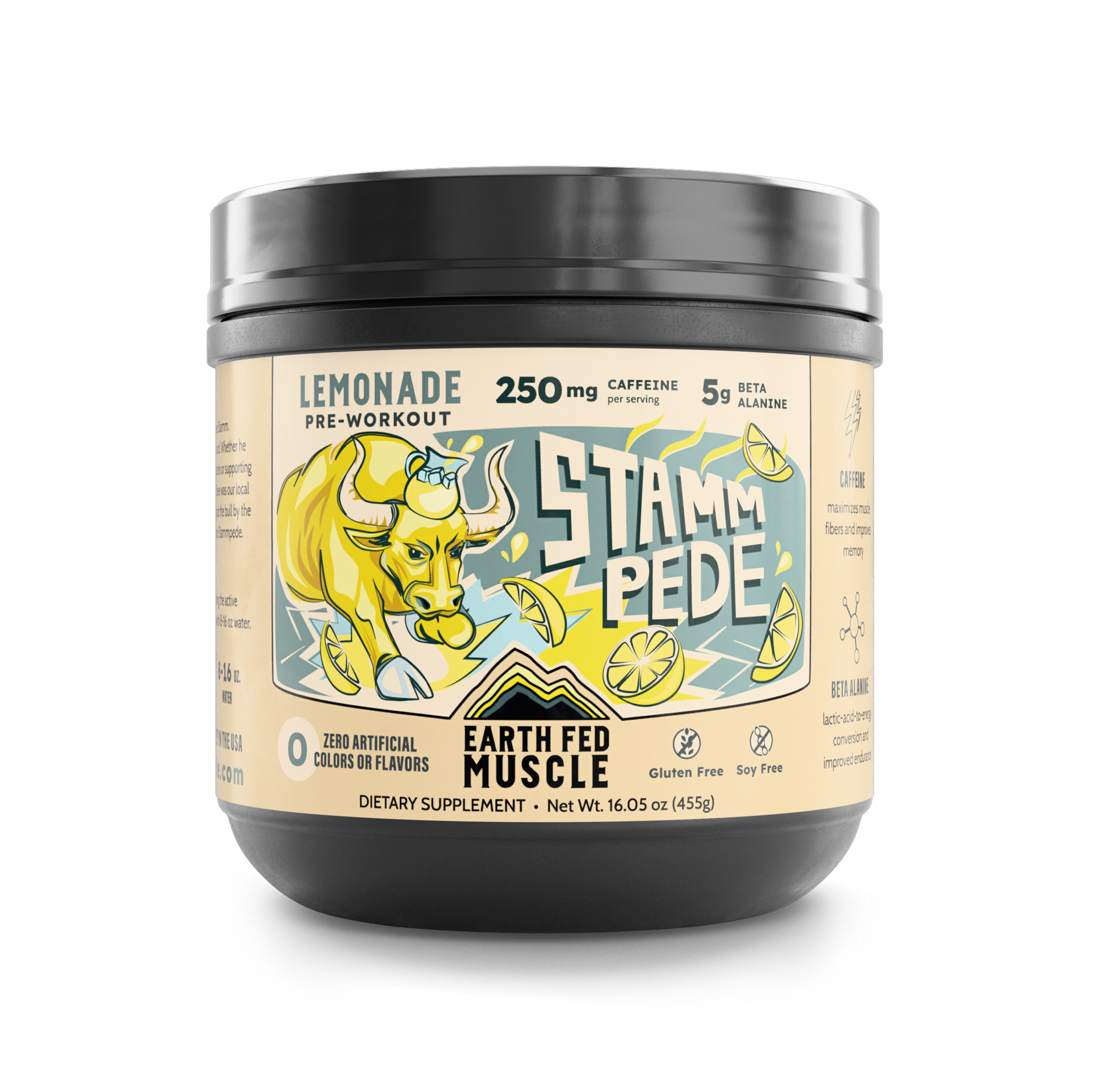 Container of Stammpede Lemonade preworkout powder
