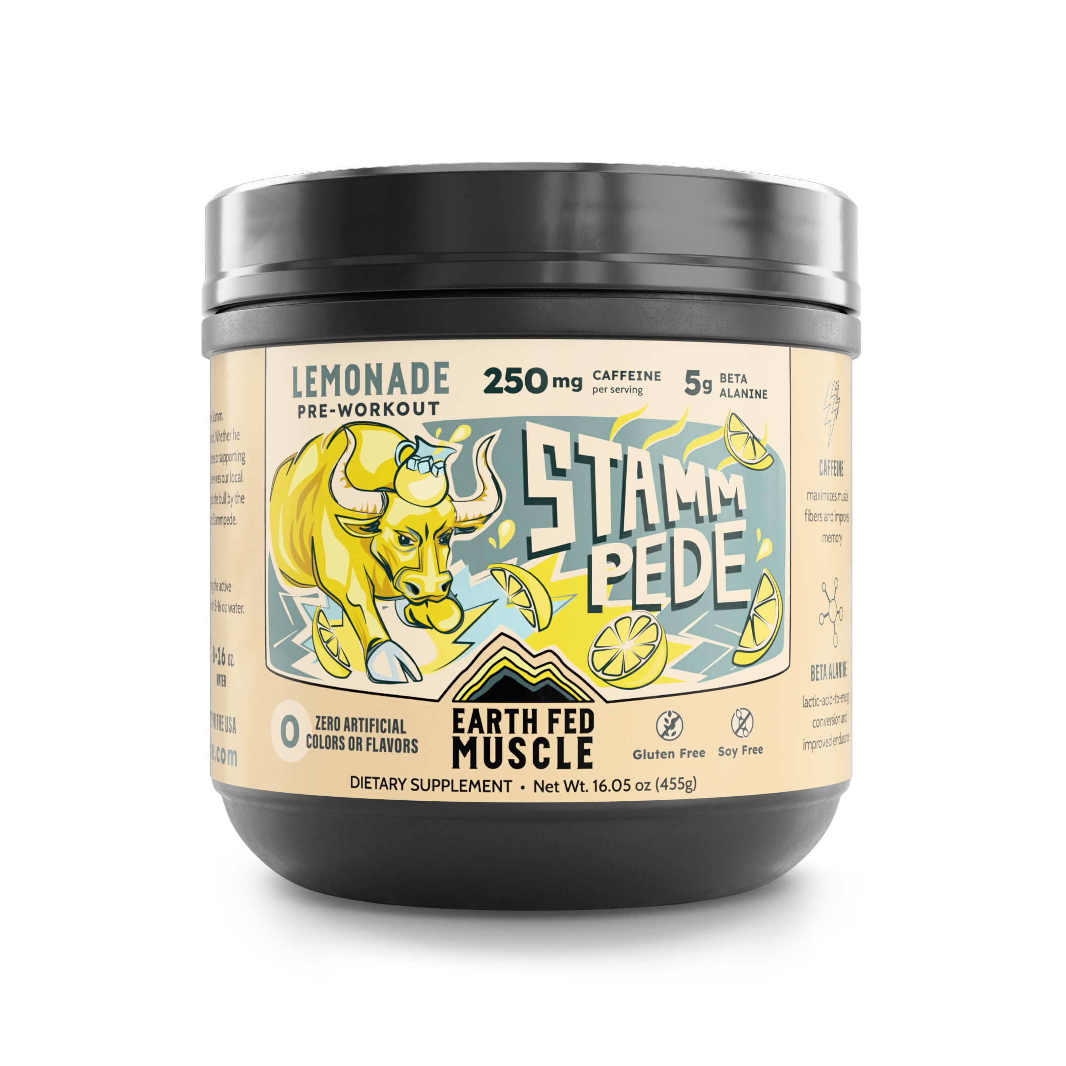 Container of Stammpede Lemonade preworkout powder