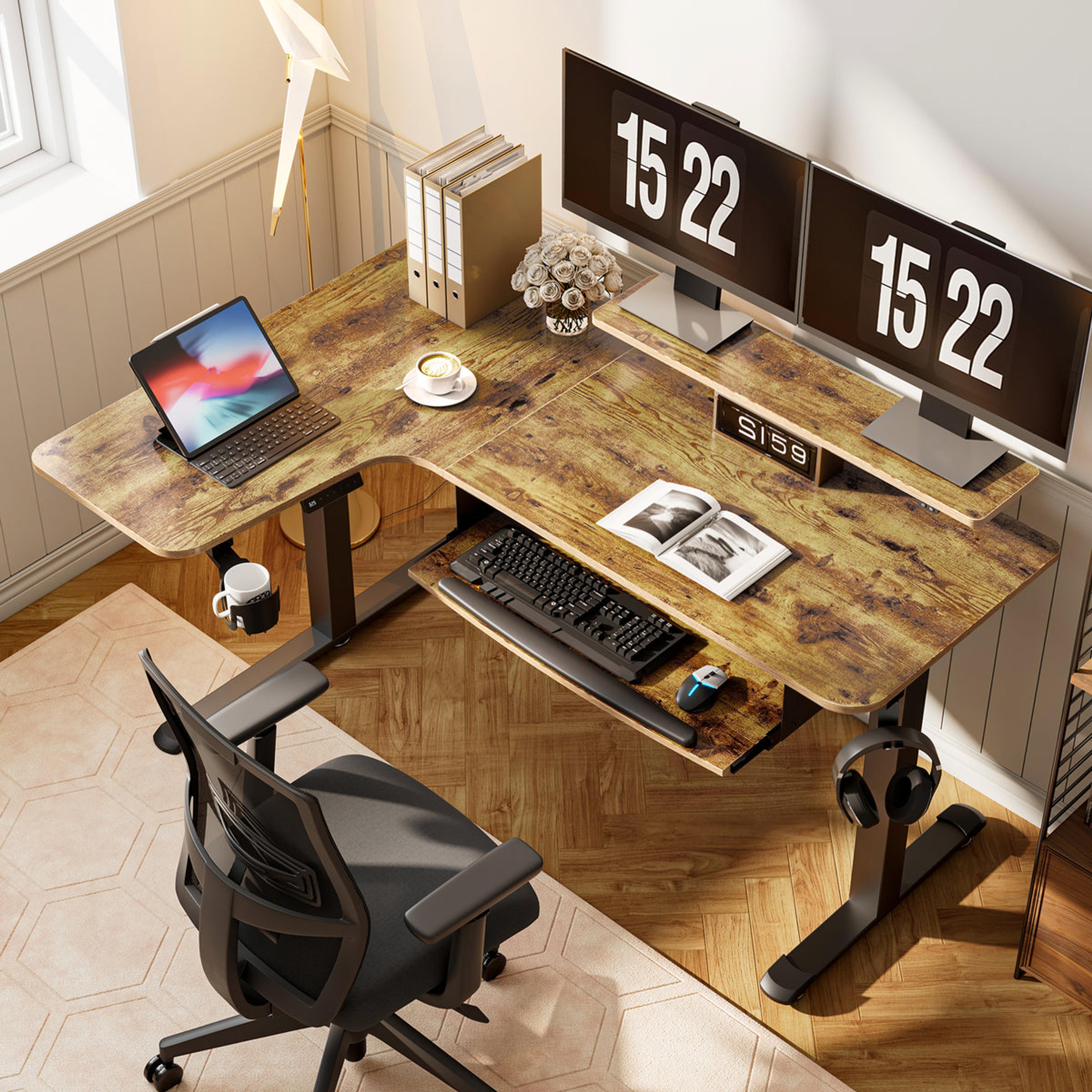Product image for L-Shaped Standing Desk with Accessories Set (60"x23") in Medium density fiberboard (MDF) / Rustic Brown