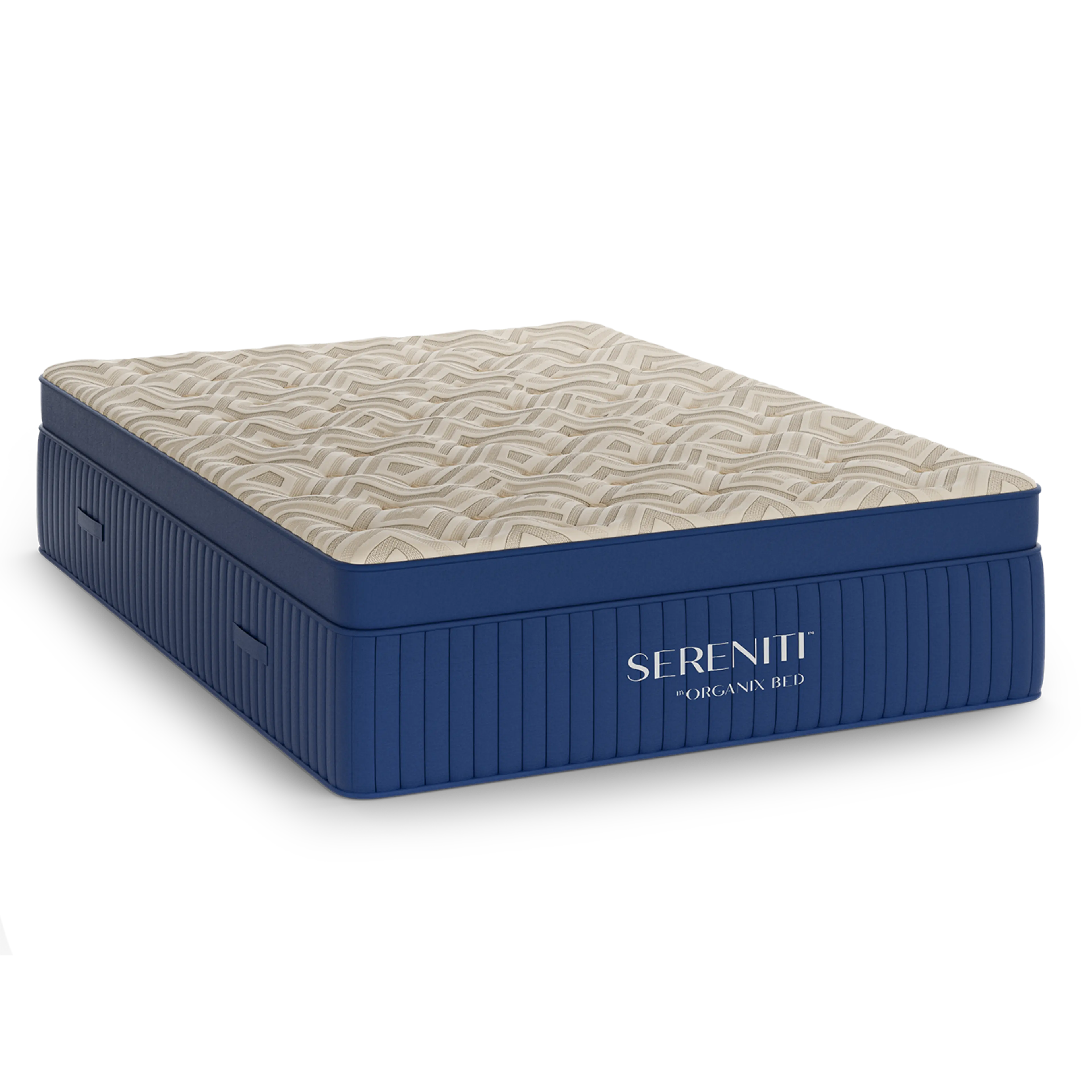 A Serenity by Organix Bed mattress with a blue base and a beige, quilted pillow top.