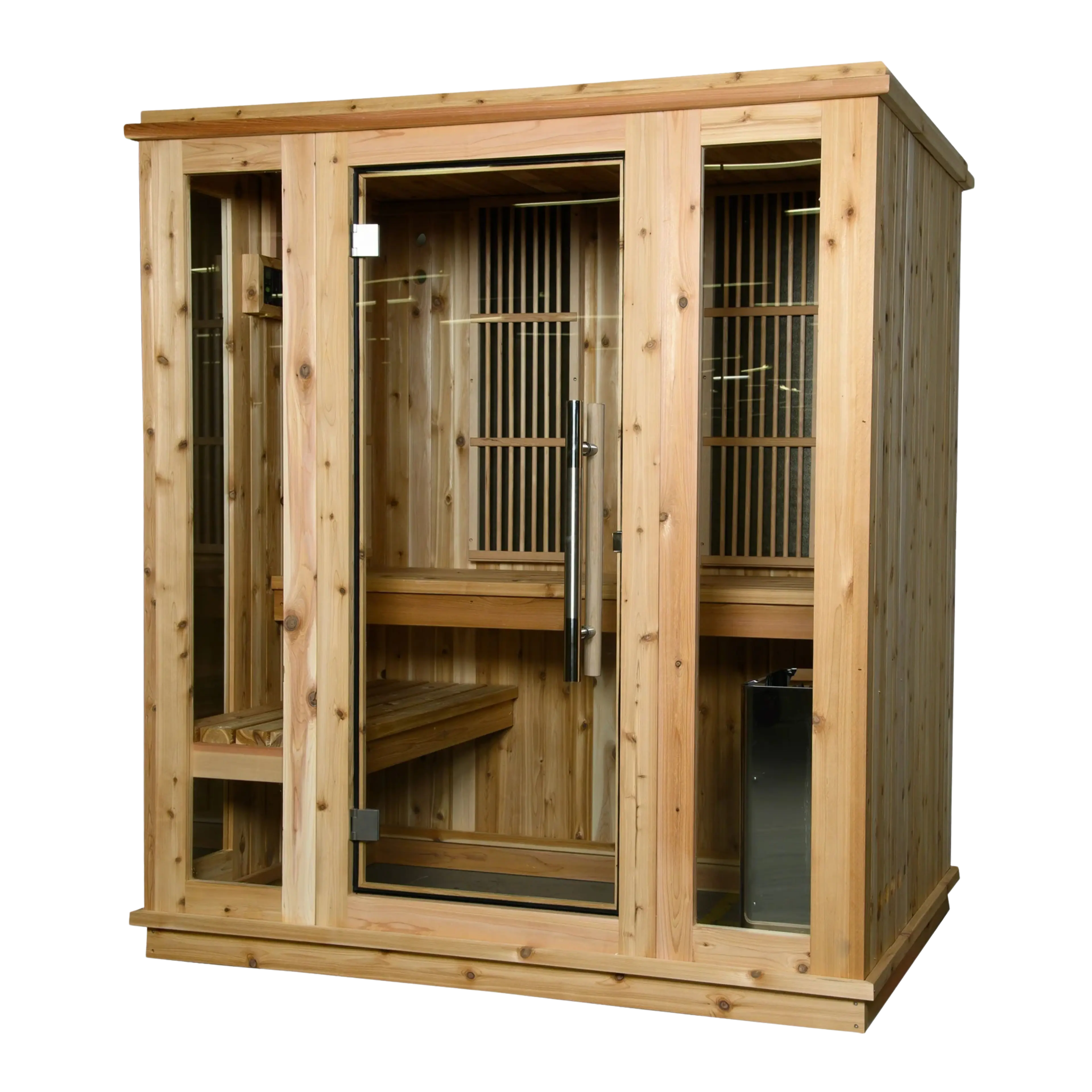 Wooden sauna with a glass door, interior benches, and a heater.