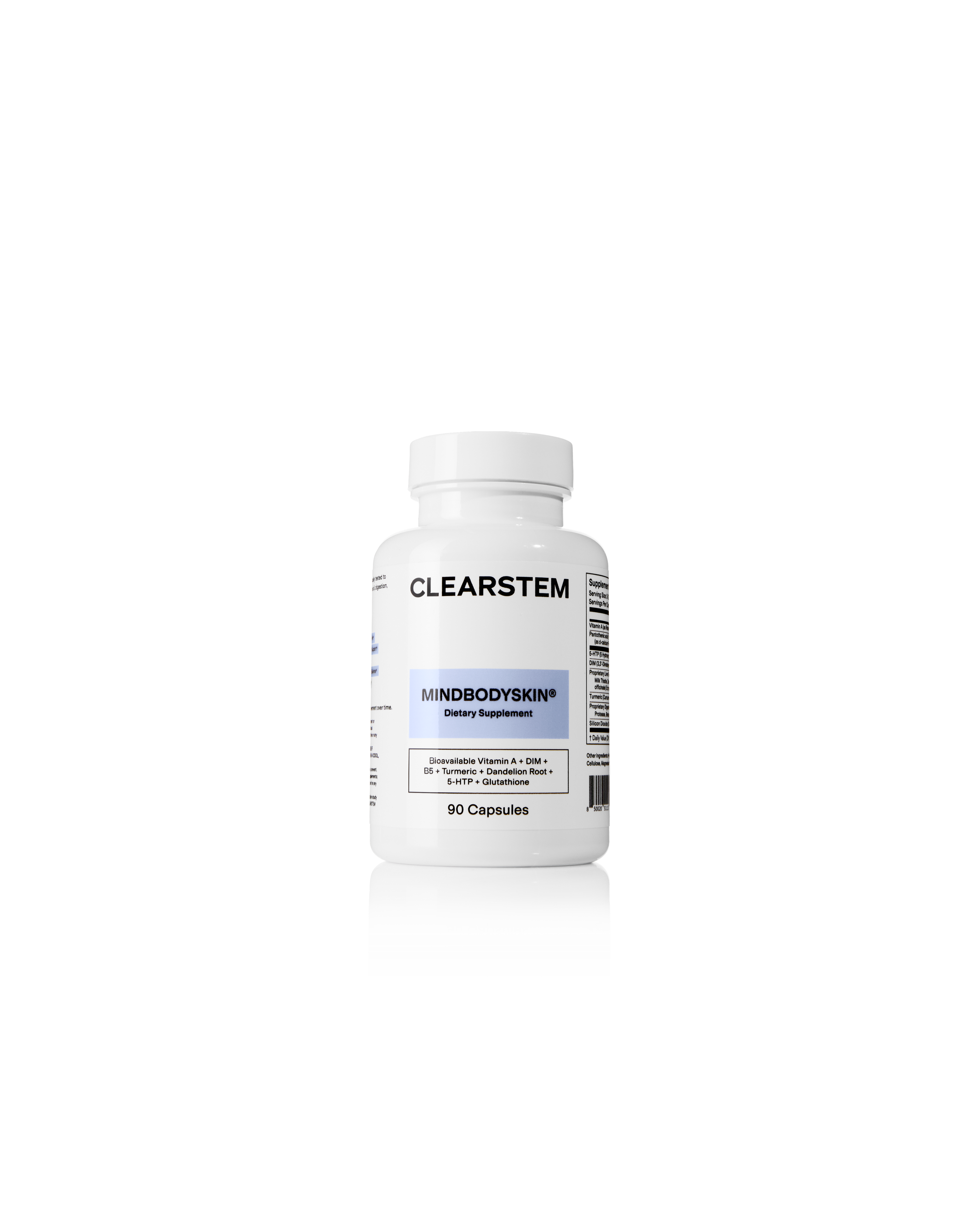 White bottle of CLEARSTEM MINDBODYSKIN dietary supplements, 90 capsules.