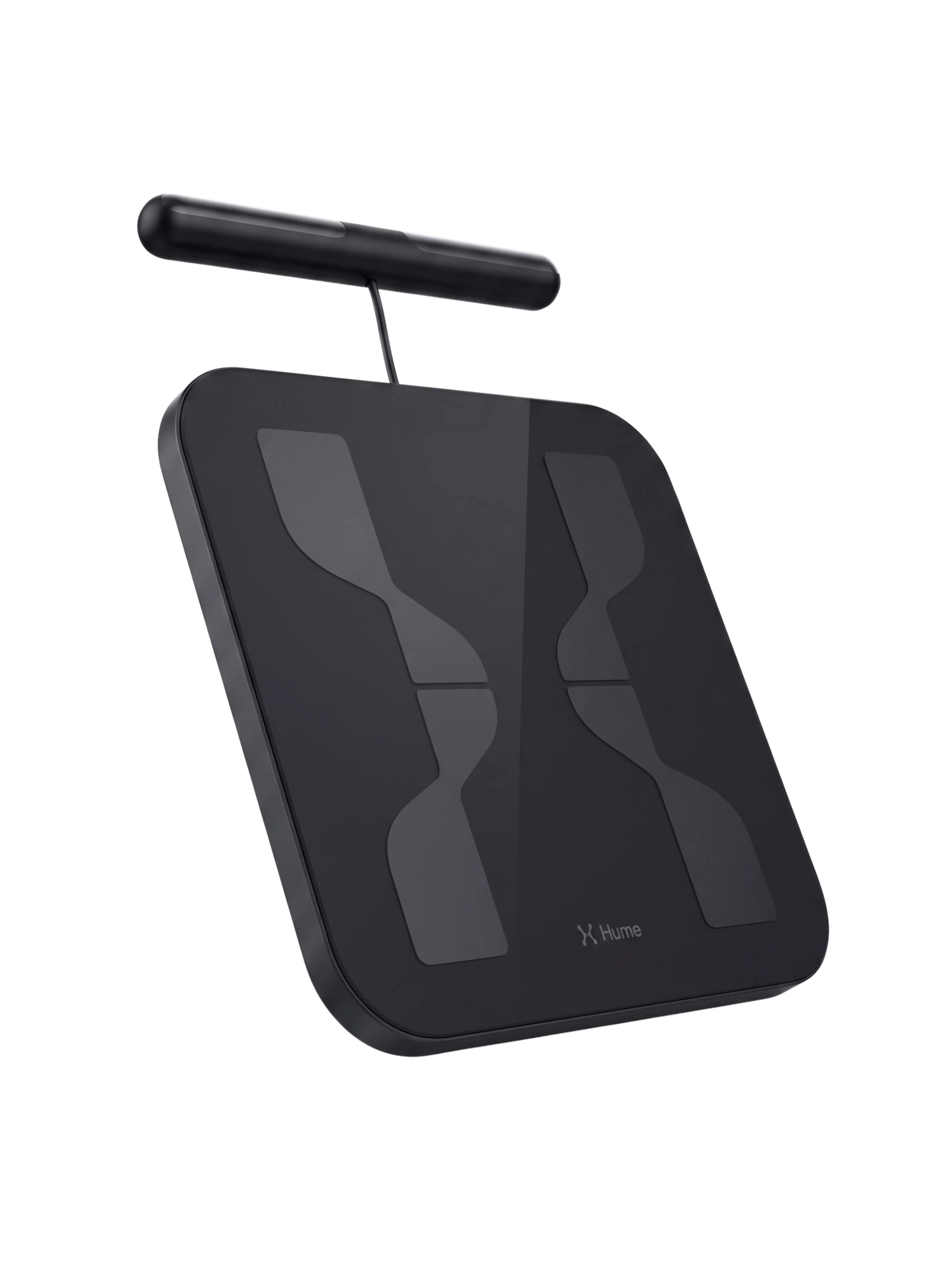 A black Hume smart body composition scale with an overhead scanning bar.