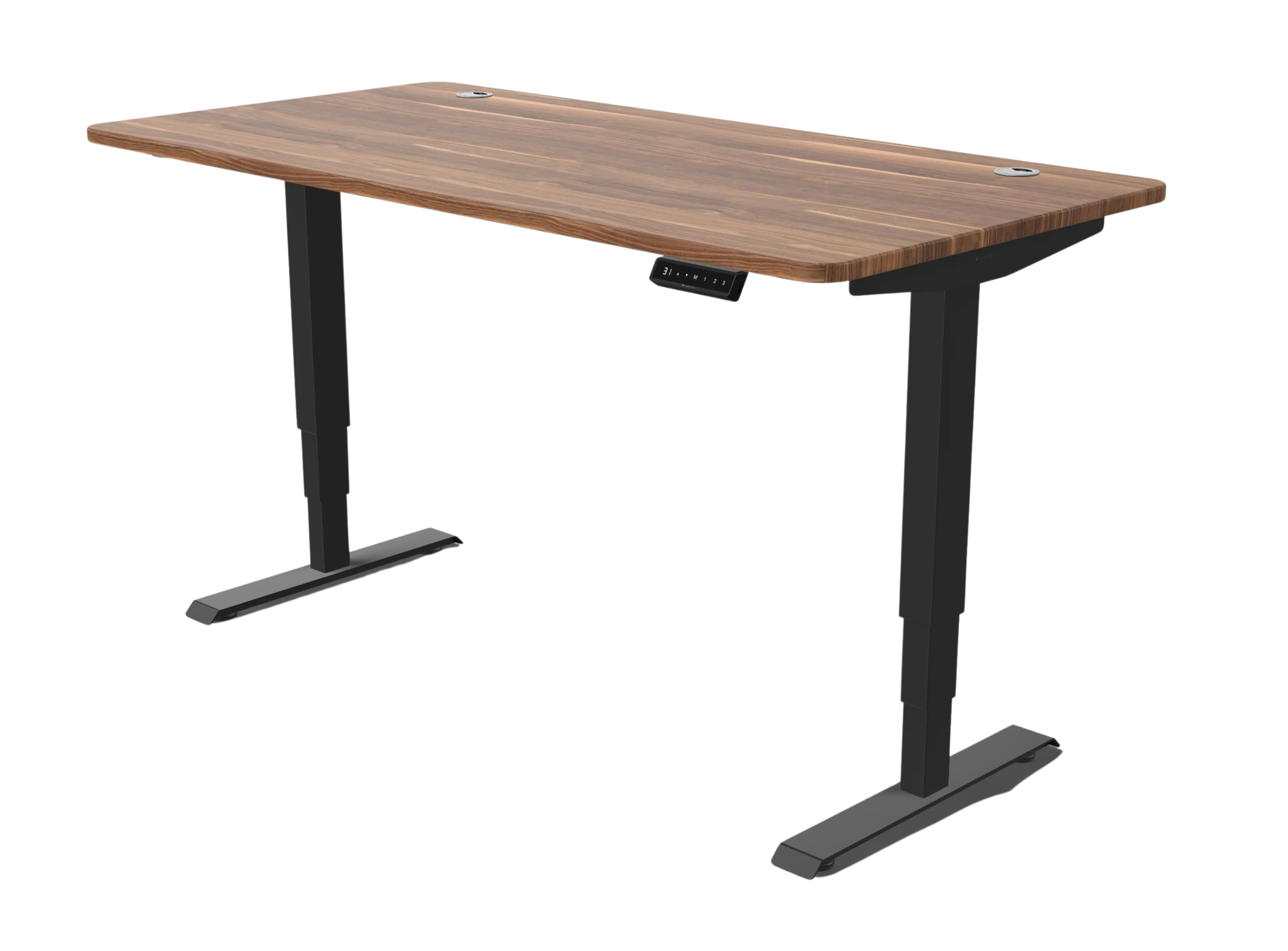 Walnut finish standing desk with black adjustable legs and control panel.